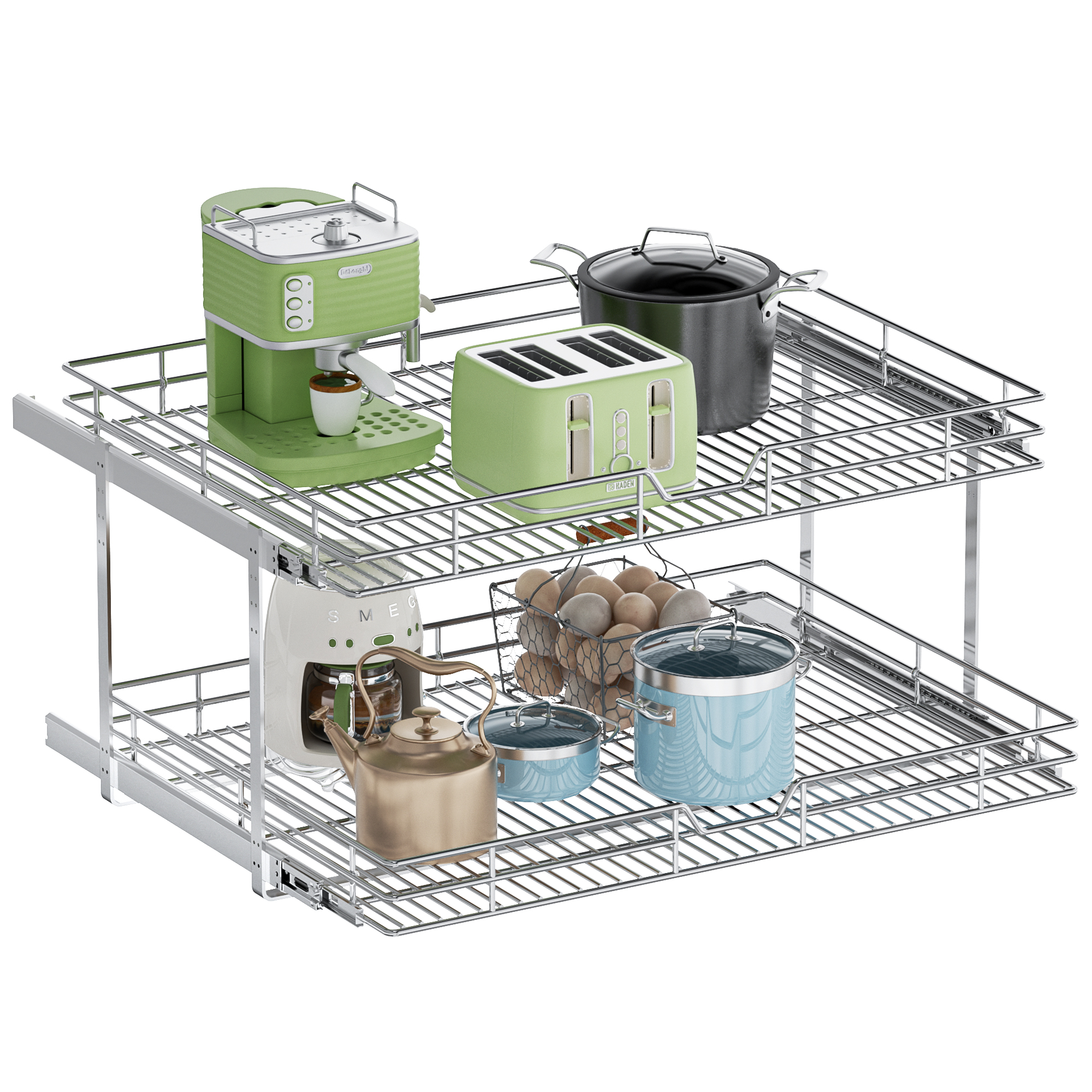 thumbnail video image 2 of TinyHomie 10.5 in W x 21.5 in D 2 Tier Pull Out Cabinet Organizer, Sliding Storage Shelves for Kitchen Bathroom, 2 of 10
