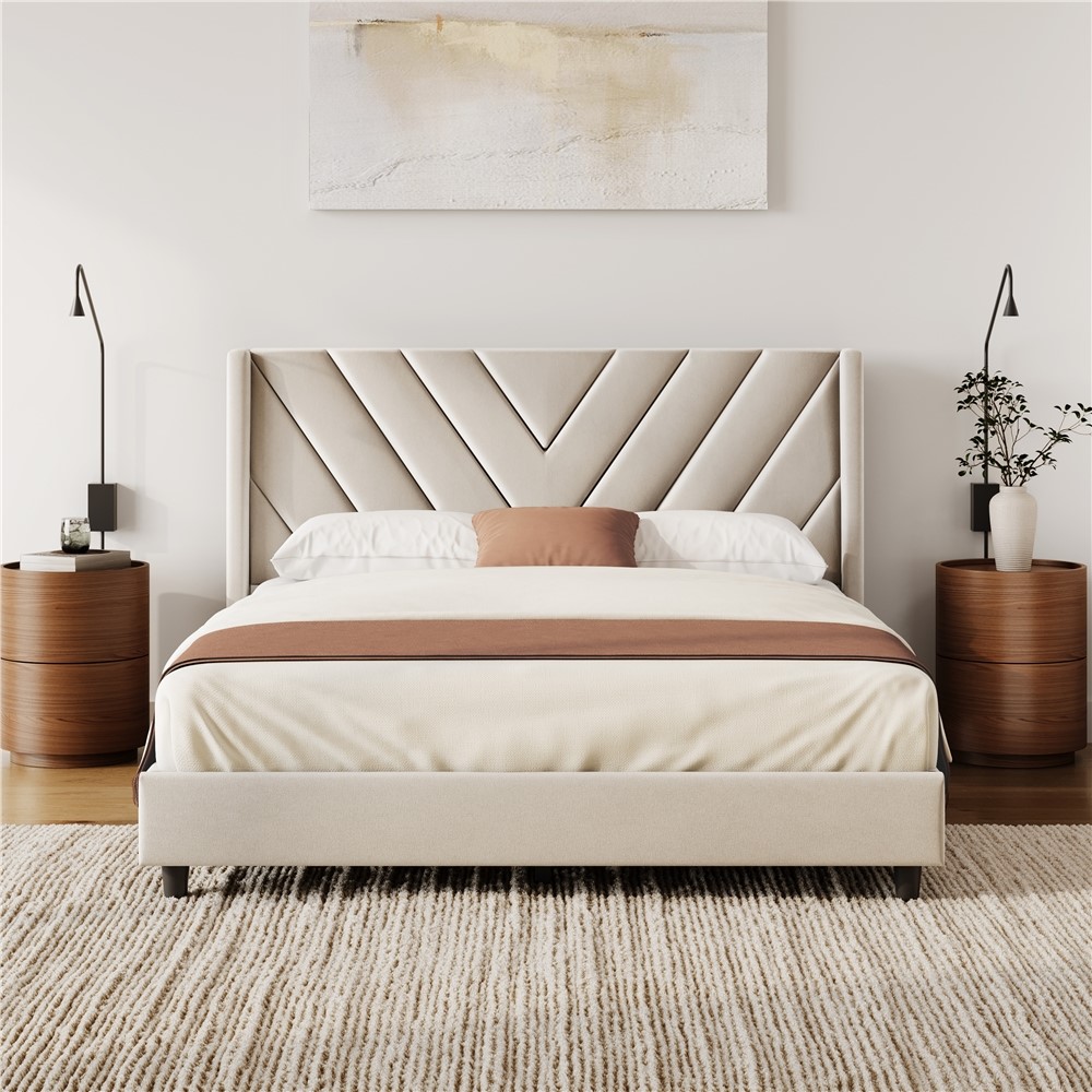 thumbnail video image 2 of Renwick Queen Size Modern Upholstered Platform Bed with Slat Support, Beige, 2 of 7