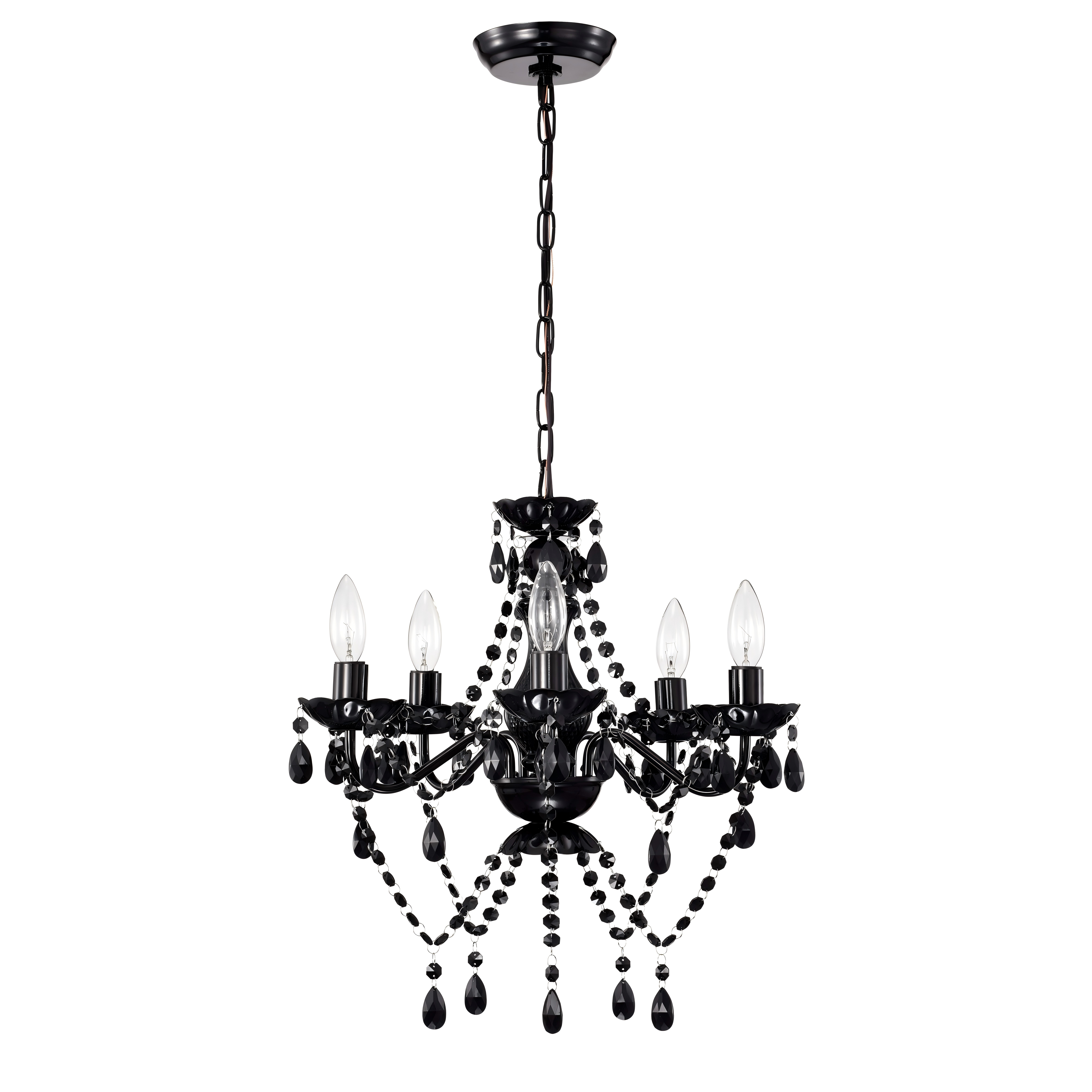 thumbnail video image 2 of Black Crystal Chandelier 5-Light Small Acrylic Ceiling Lights with Adjustable Chain for Bedroom, Dining Room, 2 of 9