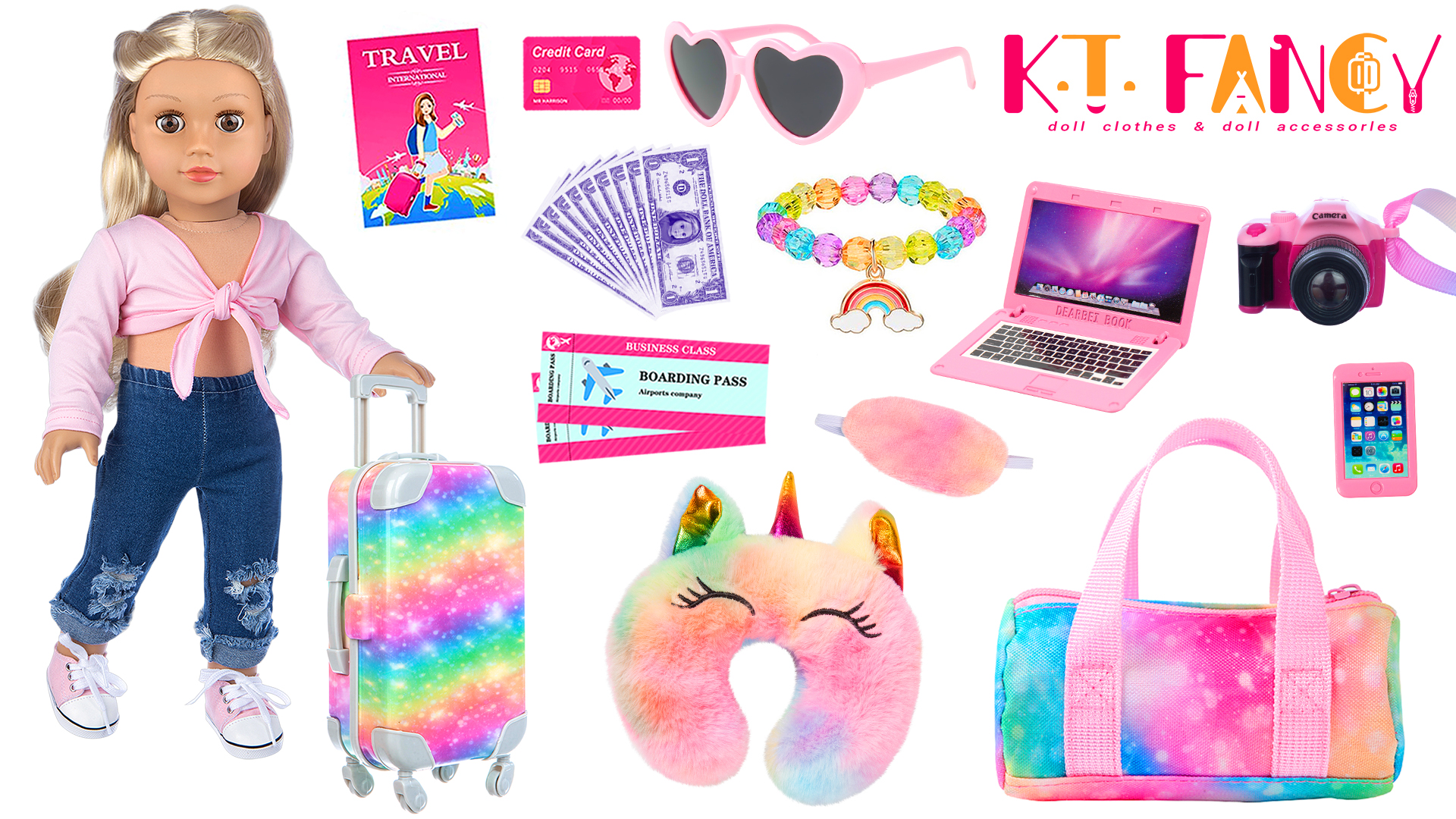 thumbnail video image 2 of K.T. Fancy 23 Piece Doll Suitcase for American 18 Inch Doll Accessories Toy Suitcase Luggage Travel Playsets with Trendy Accessories (Doll not Included), 2 of 7