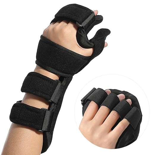 thumbnail video image 2 of Stroke Resting Hand Splint - Night Immobilizer Wrist Finger Brace for Flexion Contractures Functional 5 Finger Stabilizer Wrap-for Muscle Atrophy Rehab, Arthritis Tendonitis Carpal Tunnel Pain (Right), 2 of 10