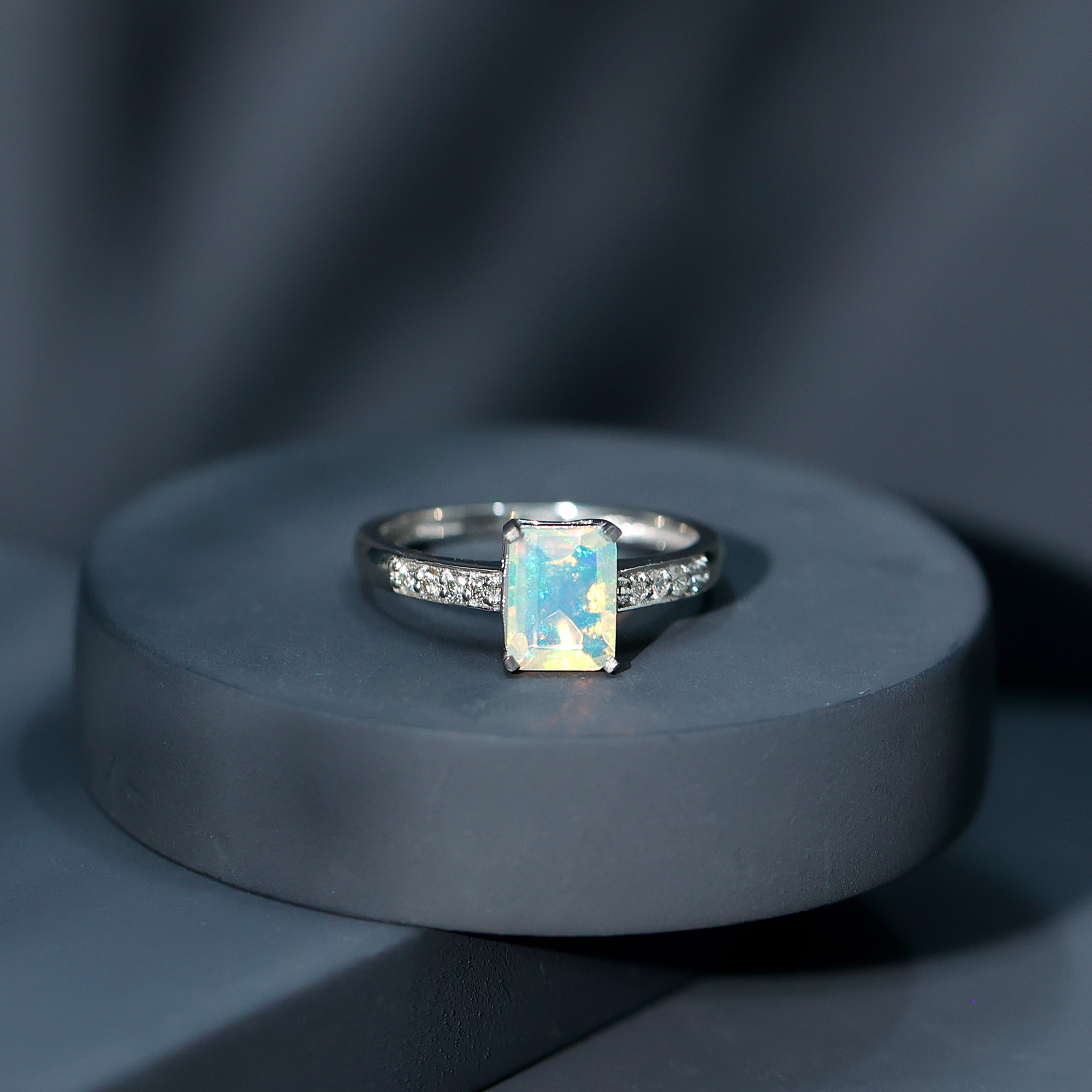 thumbnail video image 2 of Rosec Jewels Natural Ethiopian Opal Emerald Cut Engagement Ring - 6X8 mm - Opal Diamond Ring - AAA Quality - With Jewelry Box, 10K Yellow Gold, US 9.50, 2 of 9