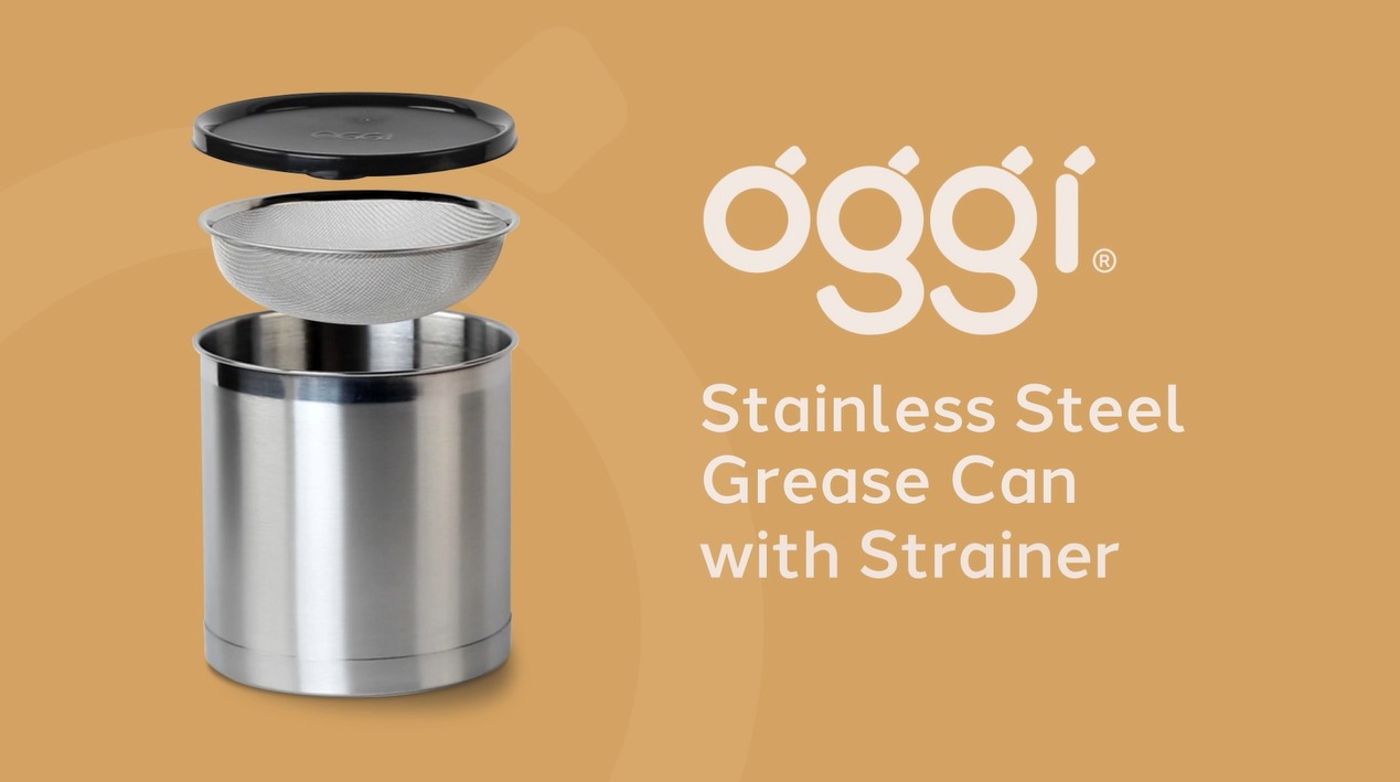 thumbnail video image 2 of Oggi Stainless Steel Jumbo Grease Container with Removable Strainer and Snug Lid. Perfect container for fryer oil, bacon drippings, lard and ghee oil. Large capacity can - 1 Gall / 4 Qt / 3.75 Lt, 2 of 9