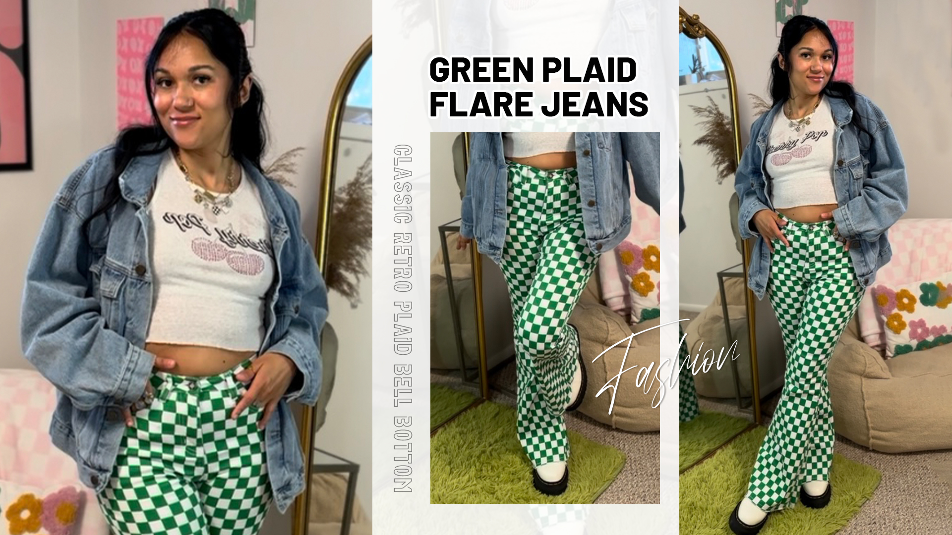 thumbnail video image 2 of Bell Bottom Jeans for Women High Waisted Stretch Plaid Flare Jeans Denim Bootcut Pants, 2 of 8