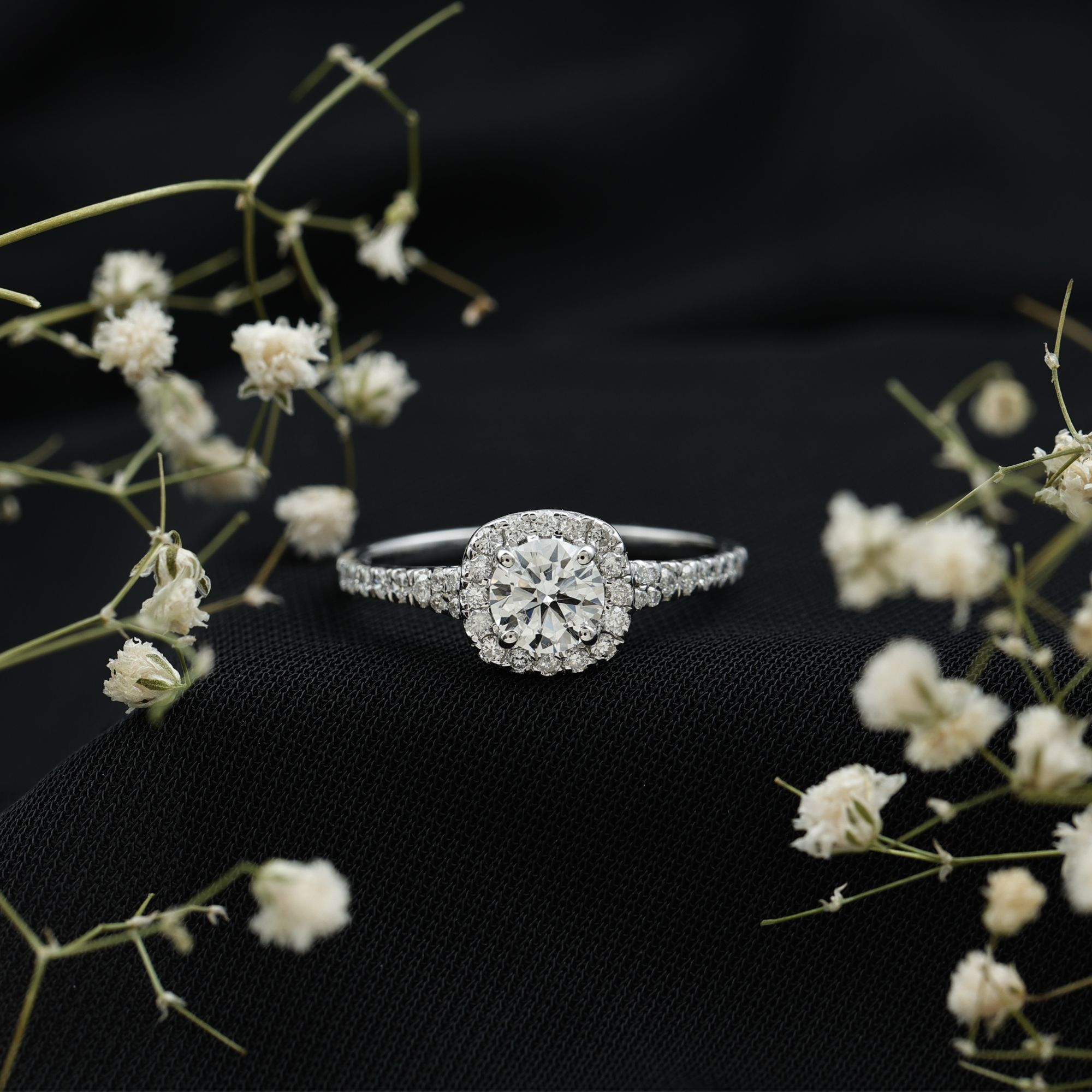 thumbnail video image 2 of Rosec Jewels Lab Created Diamond Halo Engagement Ring with Side Stones - EF-VS Quality Certified - with Jewelry Box, 14K White Gold, US 5.00, 2 of 9