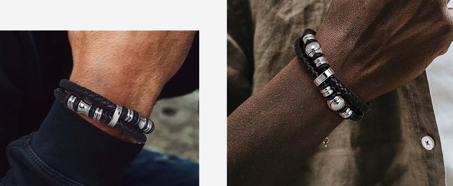 thumbnail video image 2 of Bandmax Men's Stainless Steel Beaded Bracelet Double Leather Braided Bracelet Cool Black Wristband with Bead Charm for Men Boyfriend Husband Father Son, 2 of 9