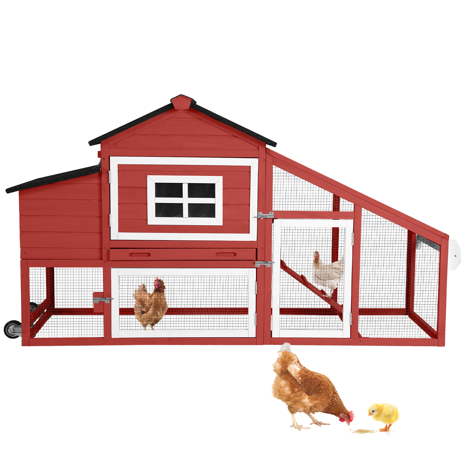thumbnail video image 2 of Aivituvin Chicken Coop, Mobile Chicken House with with Wheels, Outdoor Hen House Poultry Cage with Nesting Box, Leakproof Pull Out Tray and UV-Resistant Roof,Rabbit Hutch Duck Coop (Red), 2 of 13