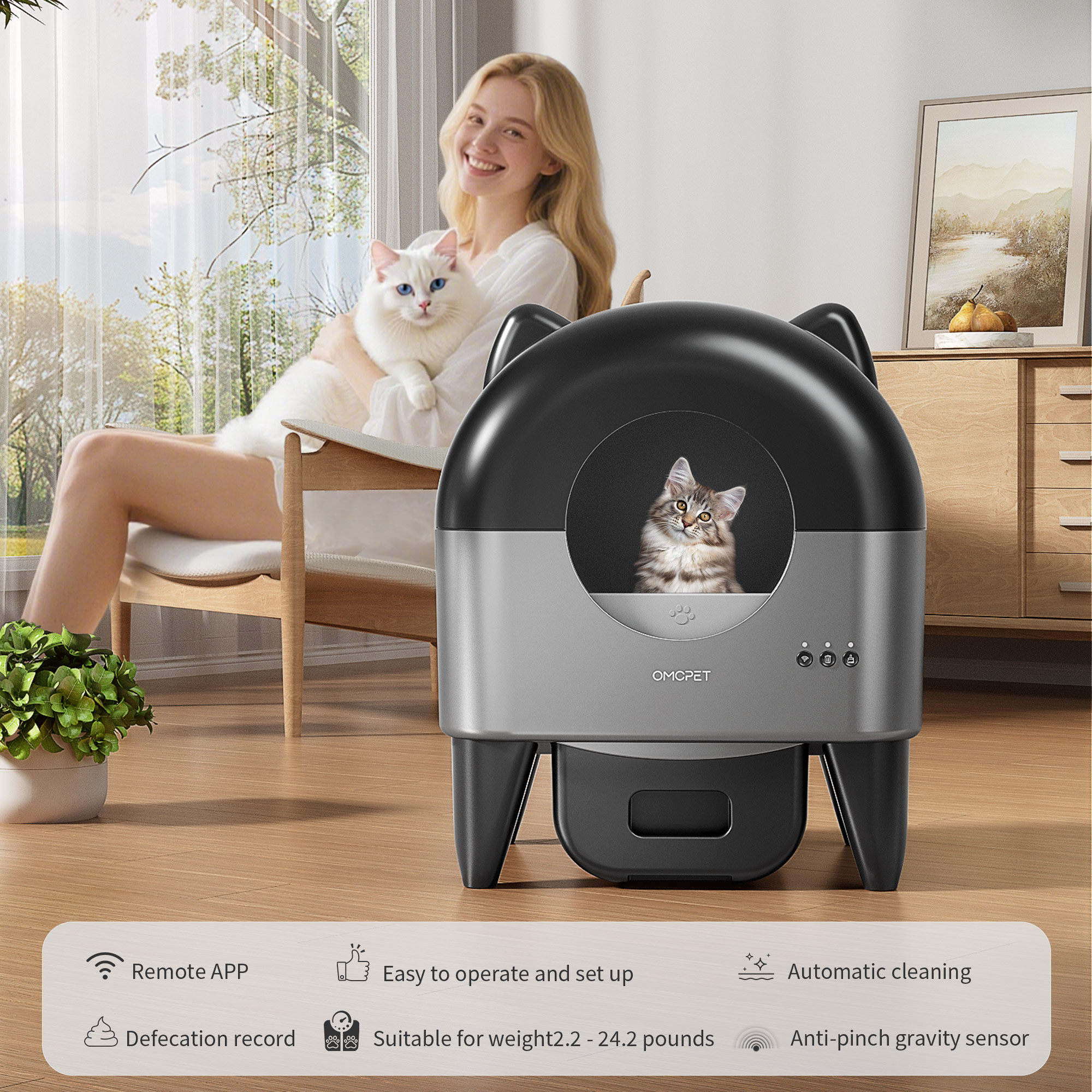 thumbnail video image 2 of OUDOSPRS Self Cleaning Cat Litter Box, Automatic Smart Litter Box for Multiple Cats with 10 Safety Sensor Radars, 110L Electric Cat Box with APP-Control, Odor Control, Quiet Operation, Black, 2 of 10