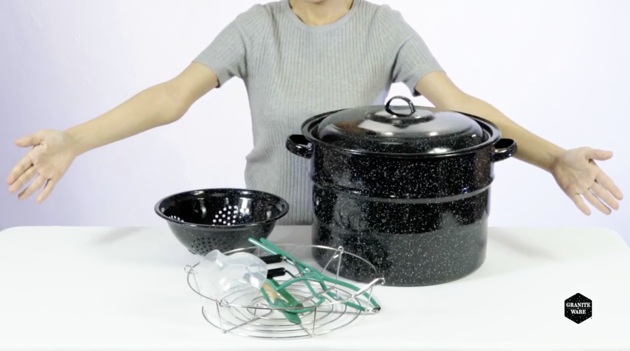 thumbnail video image 2 of Granite Ware 9-Piece Enamelware Water Bath Canning Kit with 5 Essential Tools, Colander, and Rack – Complete Canning Supplies Starter Set, 2 of 9