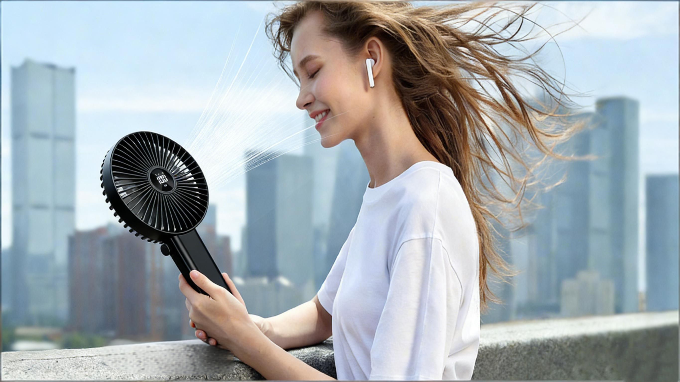 thumbnail video image 2 of 6 inch Large Rechargeable Handheld Fan - 5-Speed Personal Fan with LCD, 180° Foldable Desk Fan with Hook for Travel, Office, Camping, 2 of 10