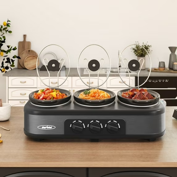 thumbnail video image 2 of Sunvivi 3-in-1 Crock Pot Slow Cooker, 4.5QT Buffet Server and Food Warmer with 3 Removable Ceramic Pots, Crockpot with 3 Spoons and Lid Rests for Parties, Picnics, Grey, 2 of 8