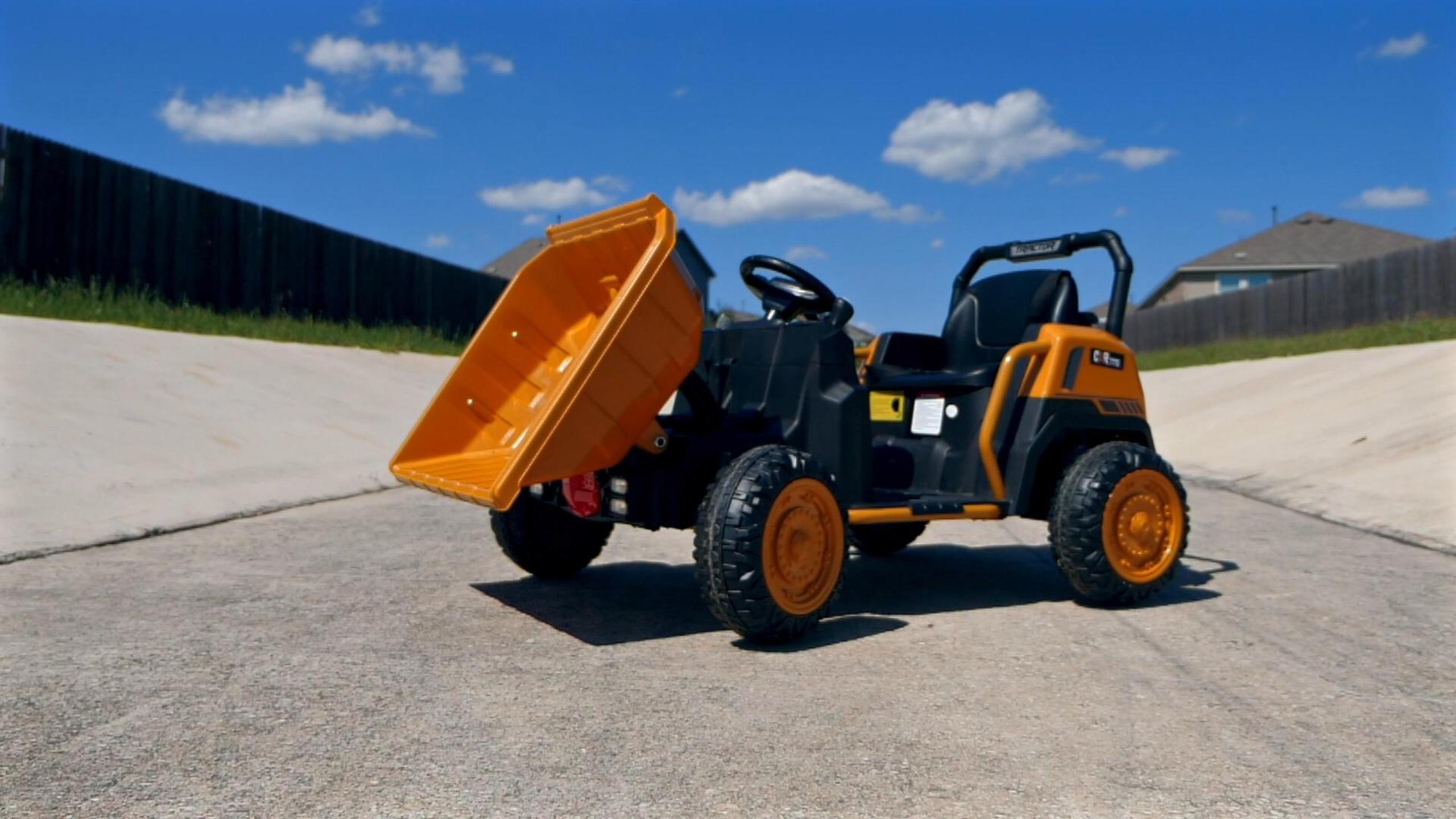 thumbnail video image 2 of 24 Volt Ride on Toys, Joyracer Electric Ride on Dump Truck with Remote, Metal Frame, Bluetooth, Dump Bed, Shovel, Yellow-B, 2 of 12