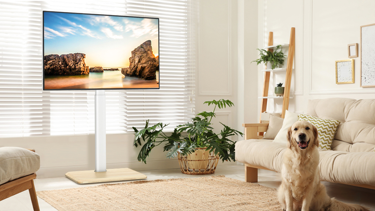 thumbnail video image 2 of TAVR Furniture Portable Mobile TV Stand with Hidden Wheels for 24 to 65 inch Flat and Curved Screens, White, 2 of 9