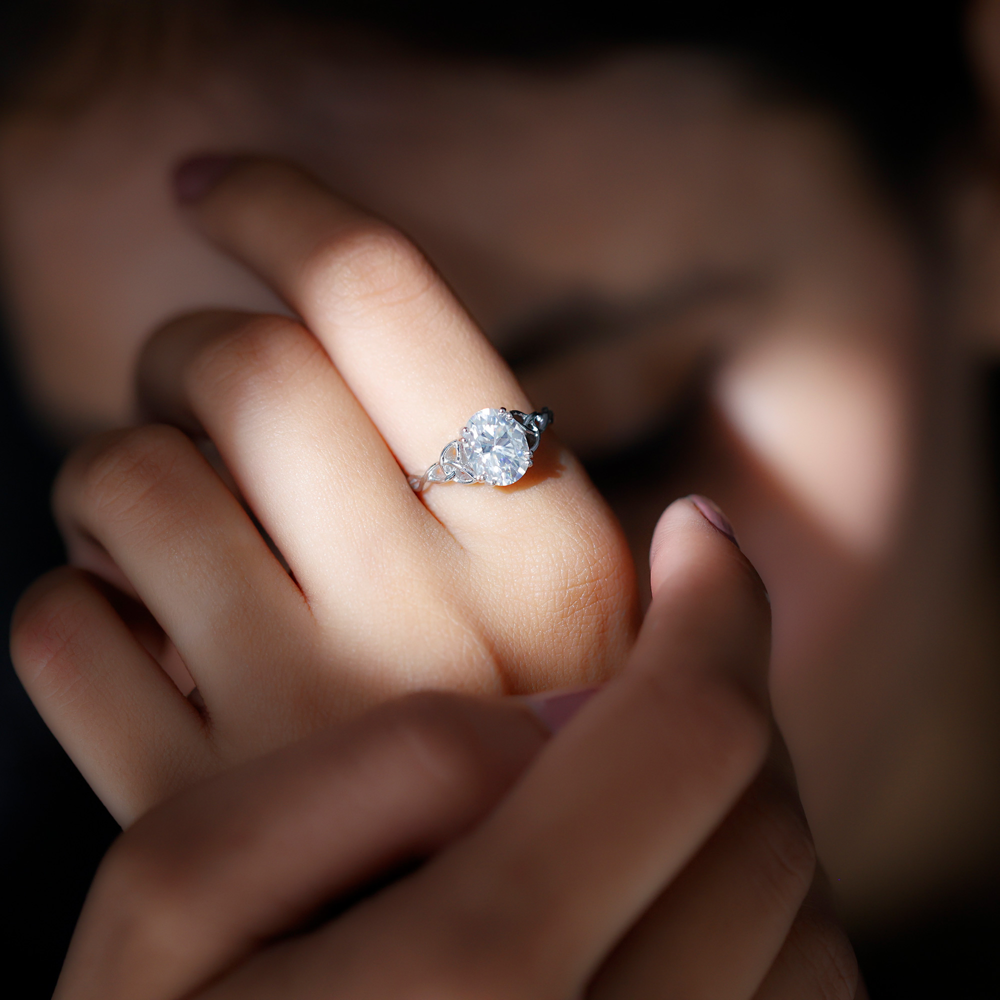 thumbnail video image 2 of Rosec Jewels Certified Moissanite Oval Engagement Ring 2 Ct - Celtic Knot Ring - 7X9 mm - D-VS1 Quality, 10K White Gold, US 3.50, 2 of 9