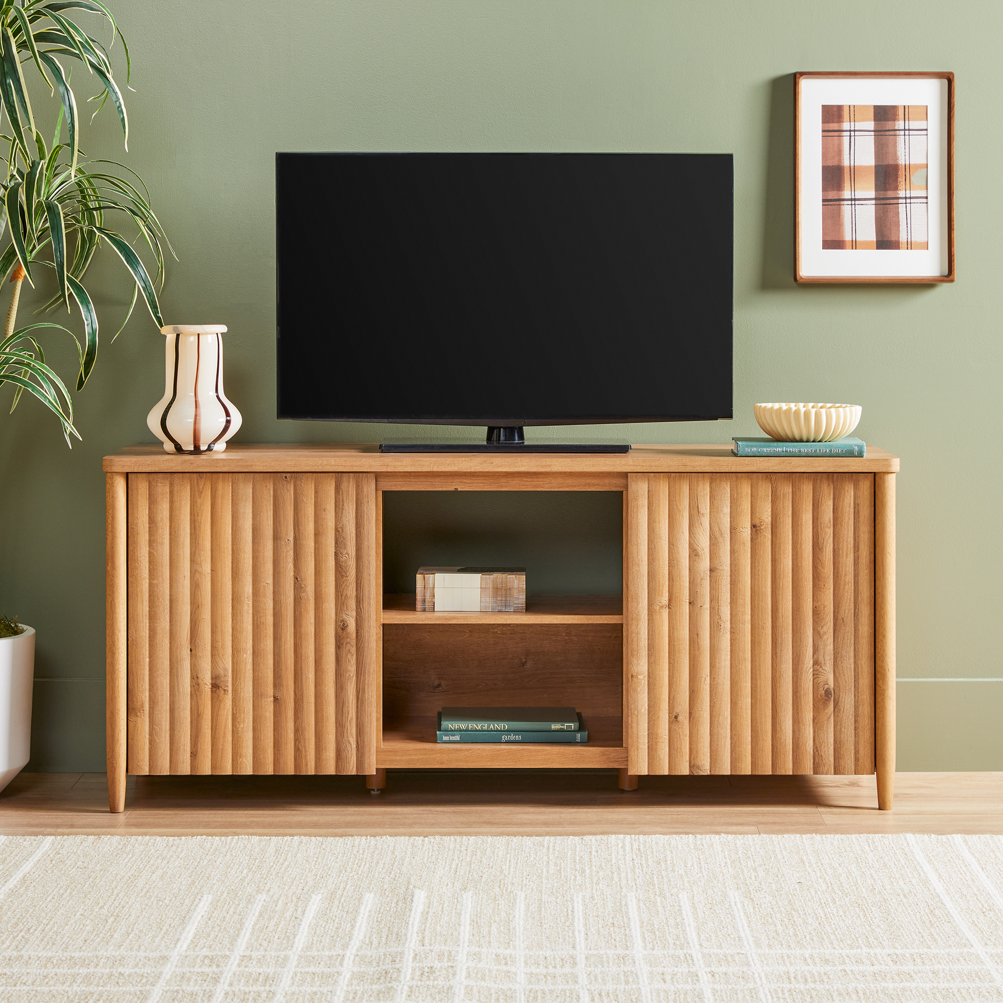 thumbnail video image 2 of Scandinavian Reeded TV Stand with Storage for up to 70" TVs, English Oak, 2 of 17