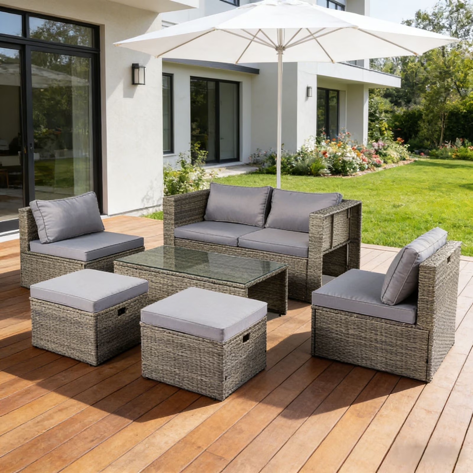 thumbnail video image 2 of Ktaxon 7-Piece Modular Patio Sectional Set, All-Weather Rattan Set Grey Cushions, 2 of 13