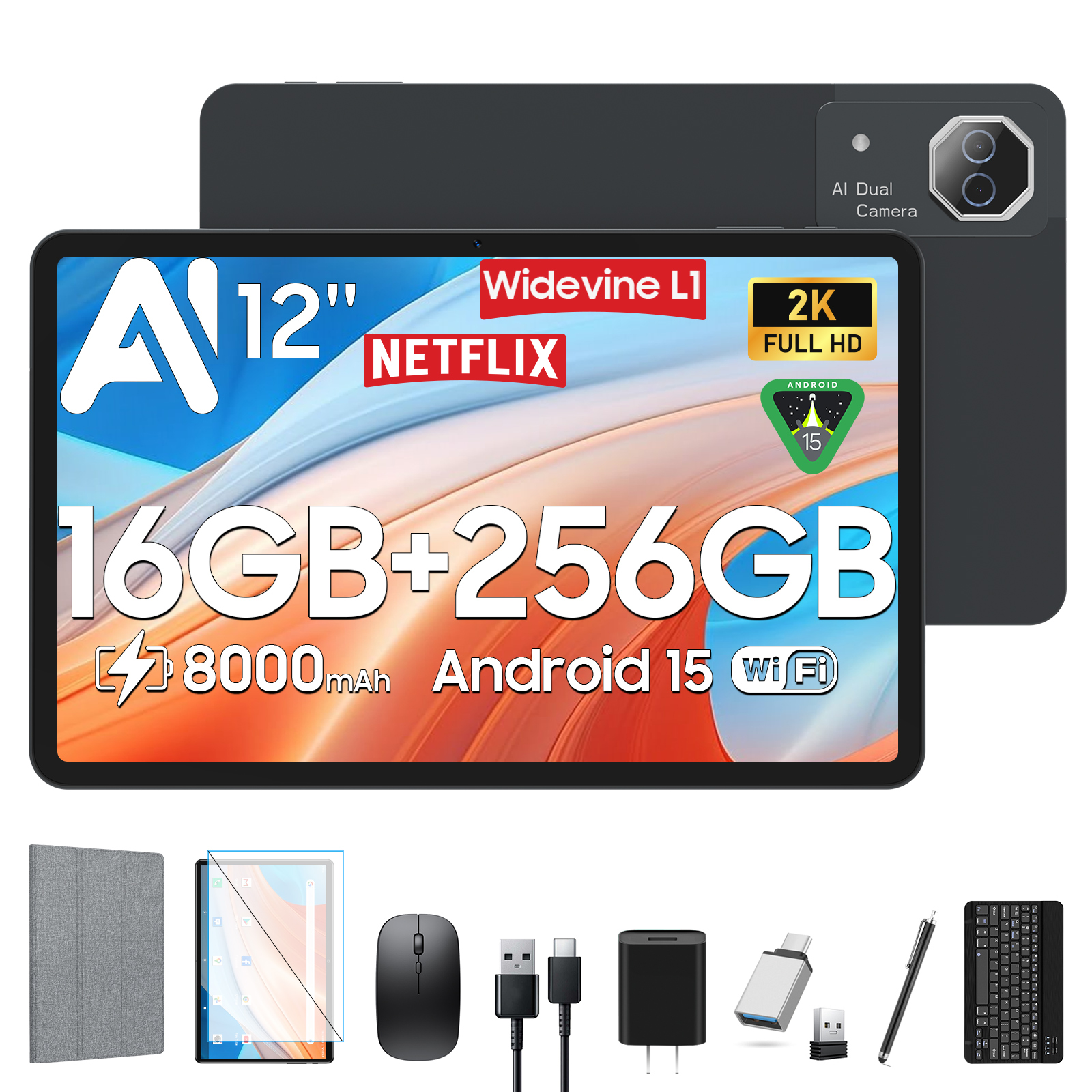 thumbnail video image 2 of 12 inch Tablet,Android 15 Tablets with 256GB ROM,Helio G99 Octa-Core for Gaming,5G WiFi Tableta,2K Display,2TB Expand,8000mAh,Quad Speaker,Dual Camera,AI,Widevine L1,GPS,Android Tablet with Keyboard, 2 of 13