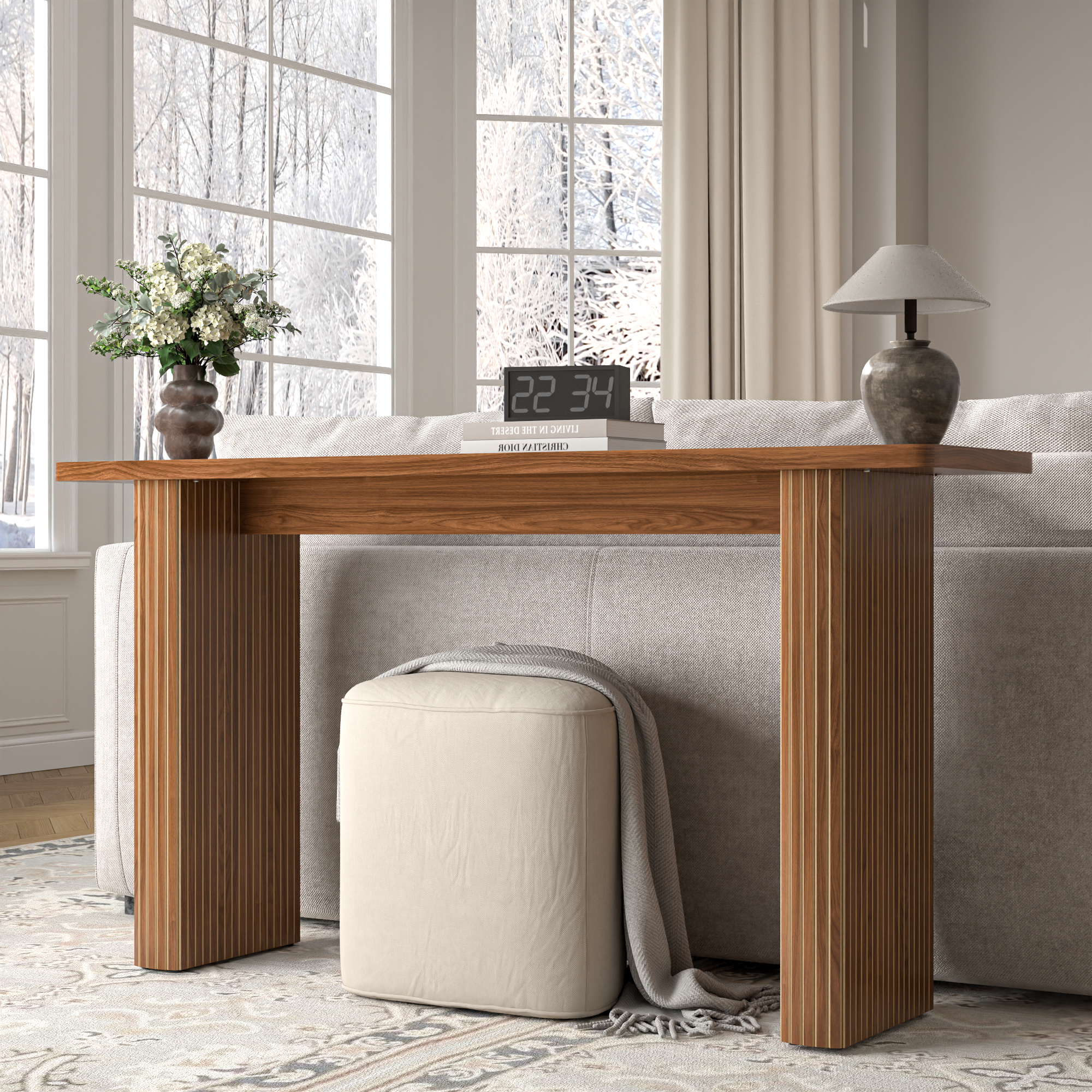 thumbnail video image 2 of Fluted Long Console Table, Wood Sofa Table Behind Couch for Living Room, Hallway, Entrance, 60 Inch(Walnut), 2 of 9