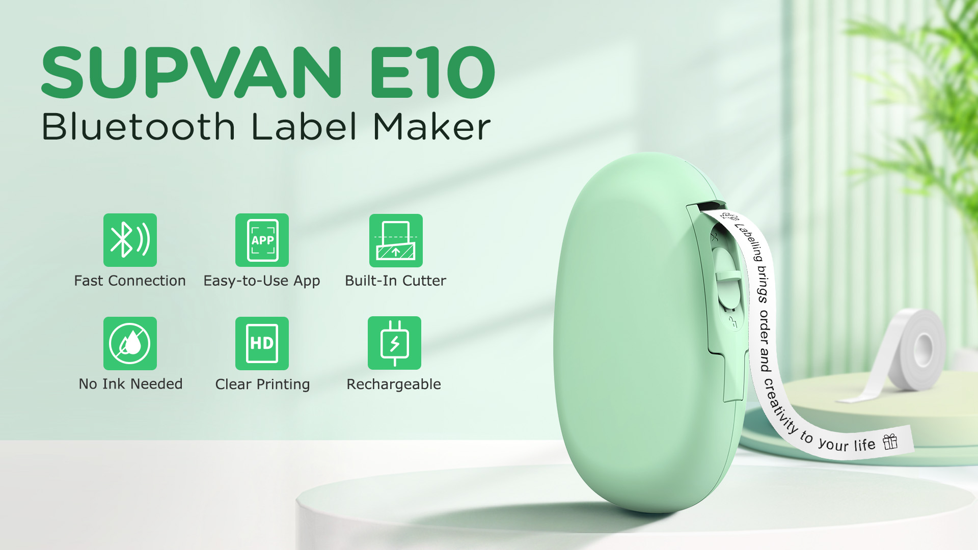 thumbnail video image 2 of SUPVAN E10 Bluetooth Label Maker Machine with Tape, Versatile App with 35 Fonts and 1k+ Icons, Green, 2 of 10