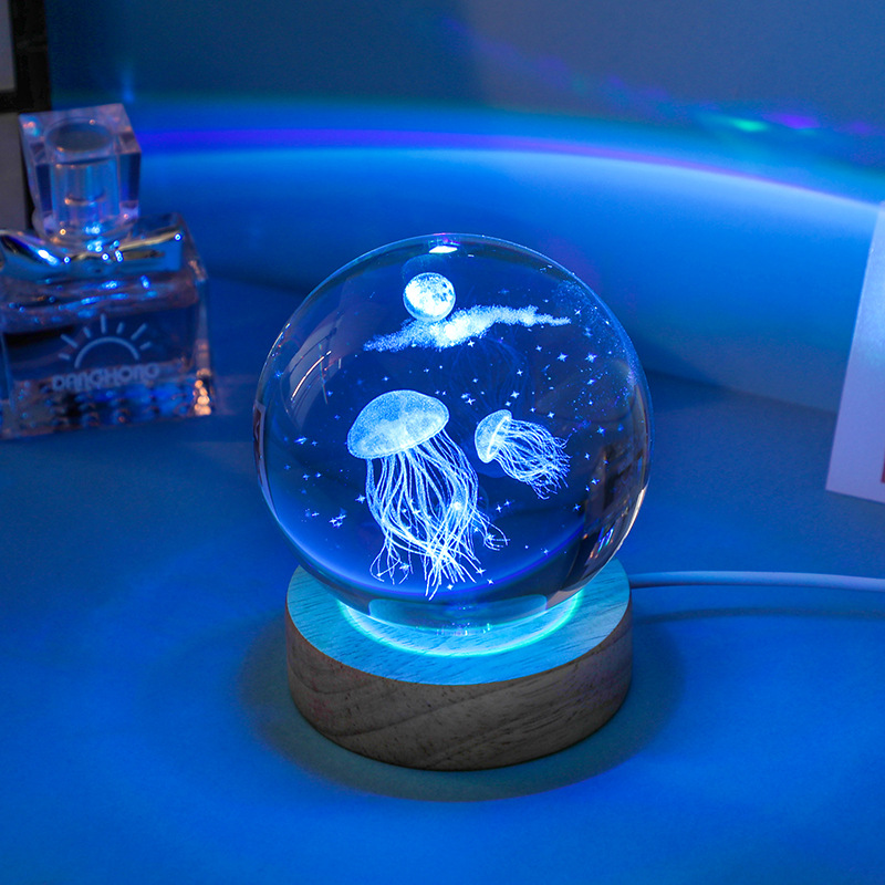 thumbnail video image 2 of 3D USB Crystal Ball Marine Animals Crystal Ball Lamp Night light Wooden Base Gift for Teens Whale, 2 of 5