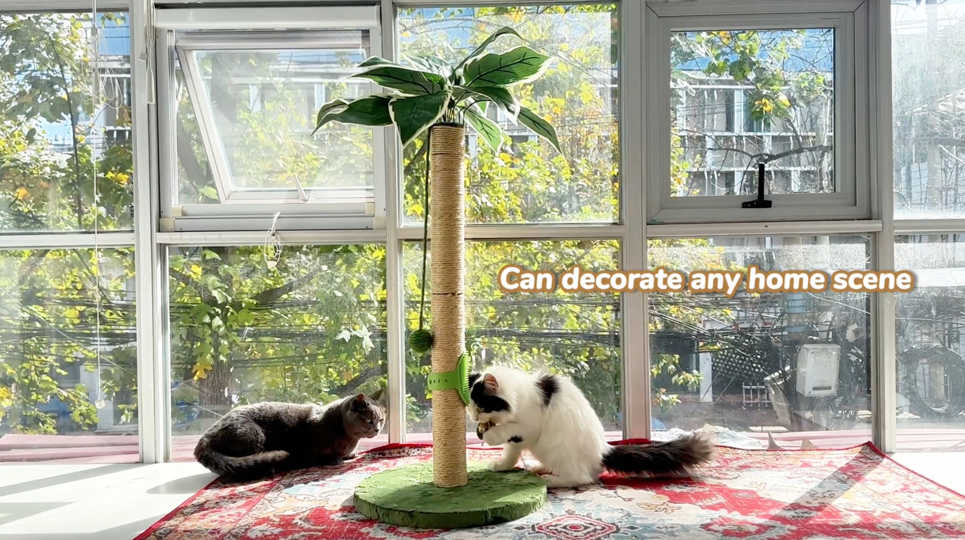 thumbnail video image 2 of Fantasreen Sisal Cat Scratching Post 35'', Tall Cat Scratcher with Toy, Track Ball with Self Groomer, Green, Large, 2 of 8