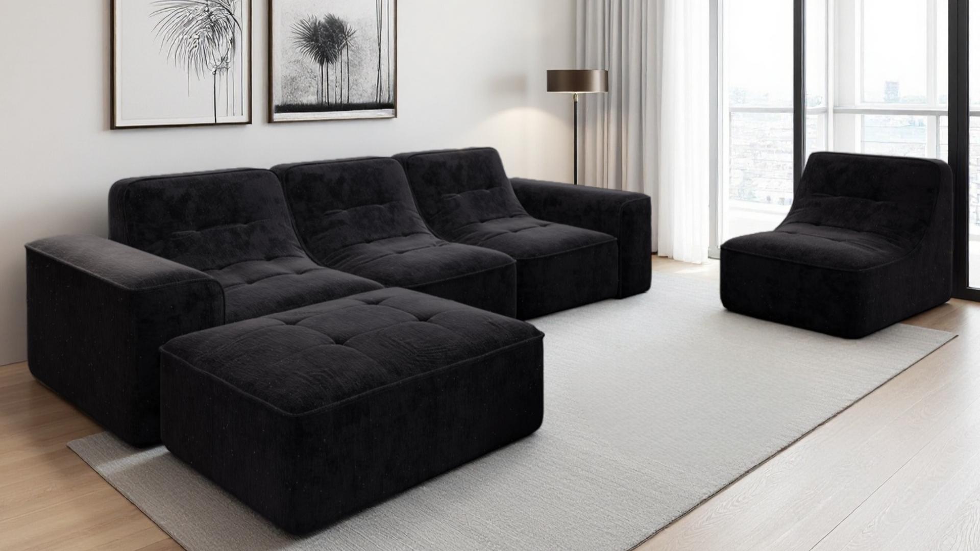 thumbnail video image 2 of 83.6" Modular Sectional Sofa, Modern Tufted Sparkling Chenille Upholstered Sectional Couches for Living Room Apartment Furniture Sets, No Assembly Required, Black, 2-Seat, 2 of 9