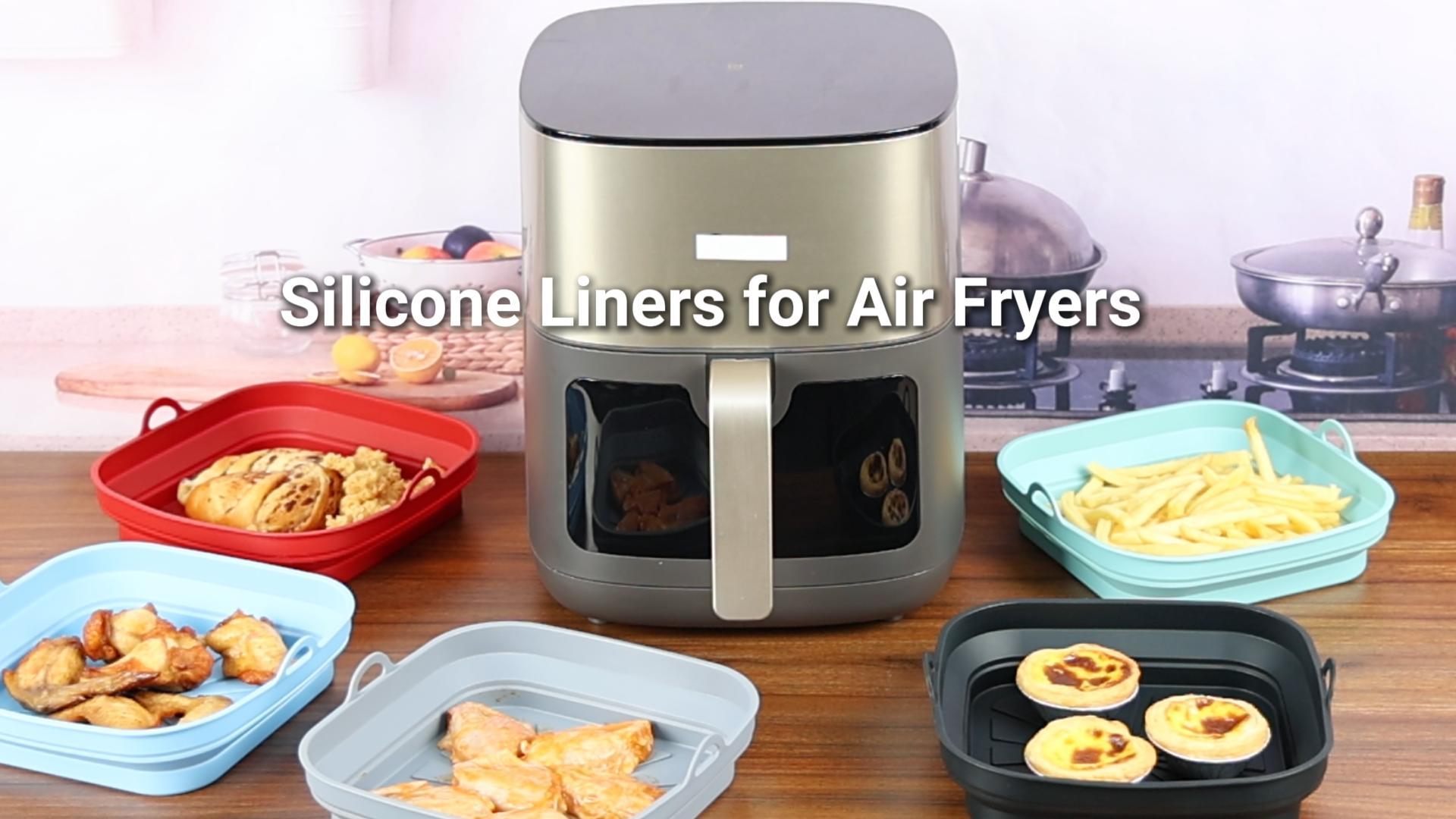 thumbnail video image 2 of ZIVACATE Air Fryer Silicone Liners Foldable Square 2 Pack Airfryer Basket Liner Baking Tray Reusable Non-Stick 8inch Air Fryer Accessories, Black, 2 of 8