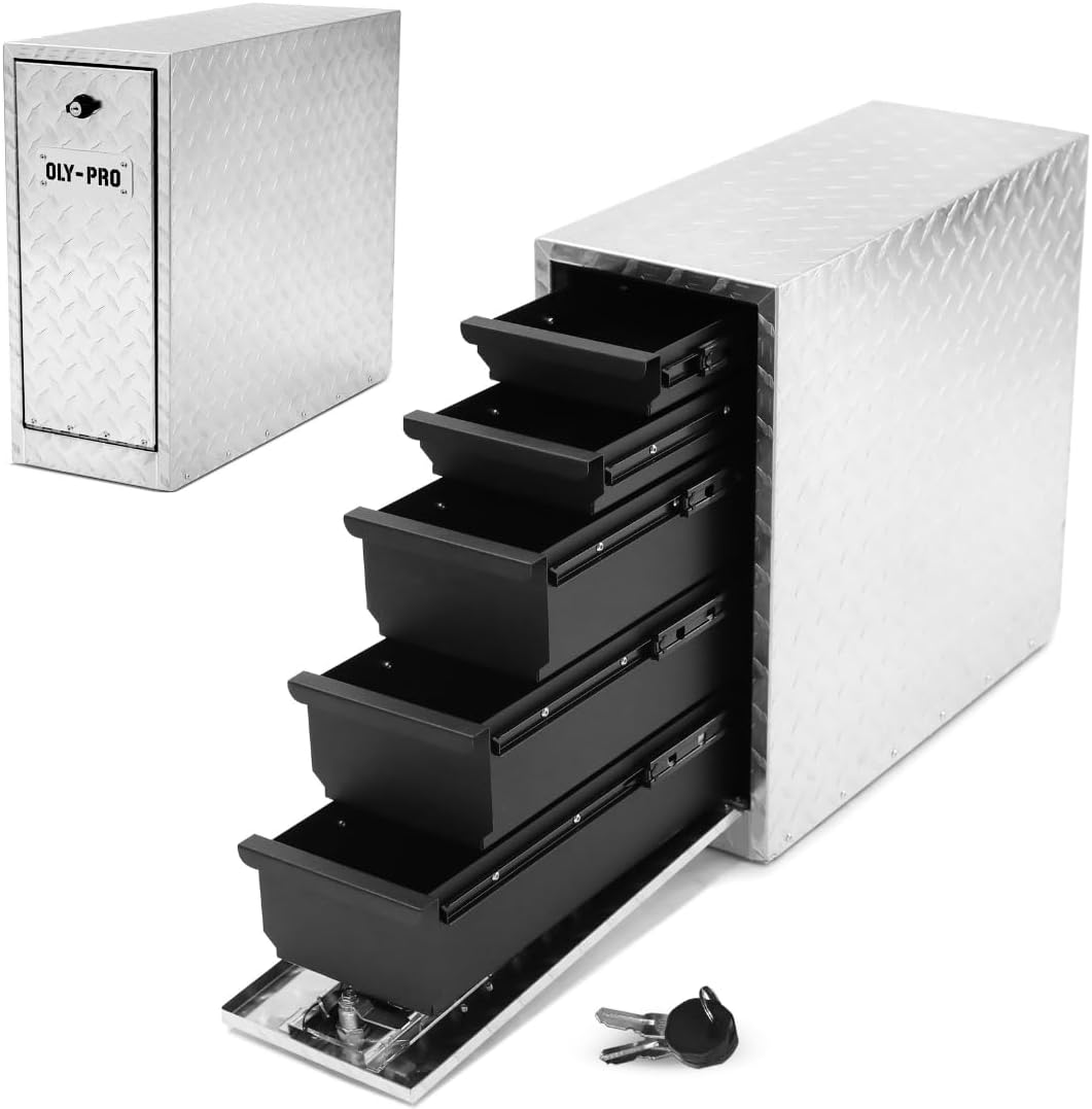 thumbnail video image 2 of OLY-PRO Aluminum Truck Tool Box, Lockable Pickup Truck Bed Storage Box, Heavy Duty Narrow Truck Toolbox with 5 Drawer Slides, 20 x 18 x 8 in, Silver, 2 of 12