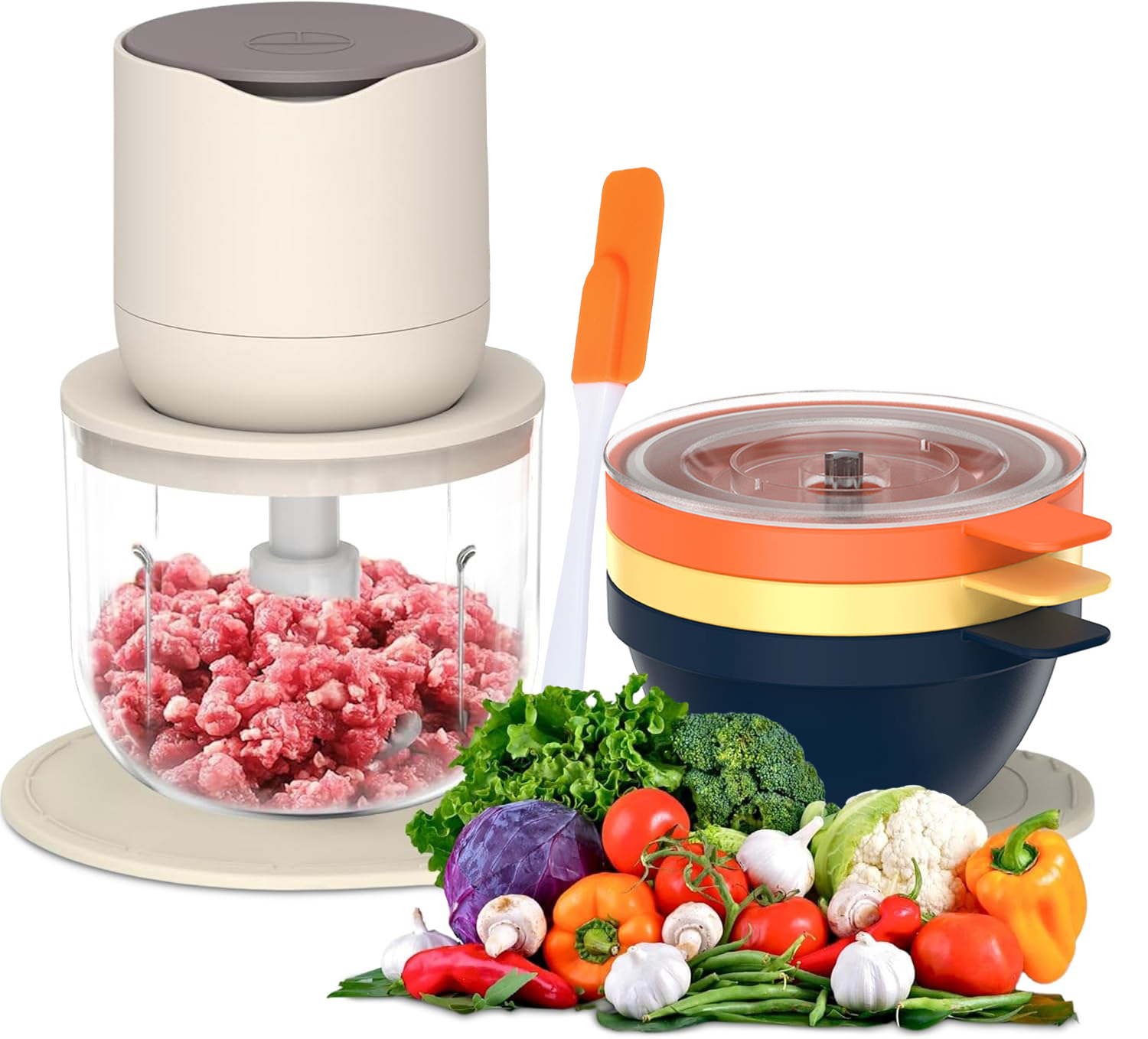 thumbnail video image 3 of 4-in-1 Small Food Processor with Bowl, OGEDNAC Electric Food Chopper, 4 Bowls, Meat Grinder, Small Blender for Baby Food & Vegetables, Beige, 3 of 11