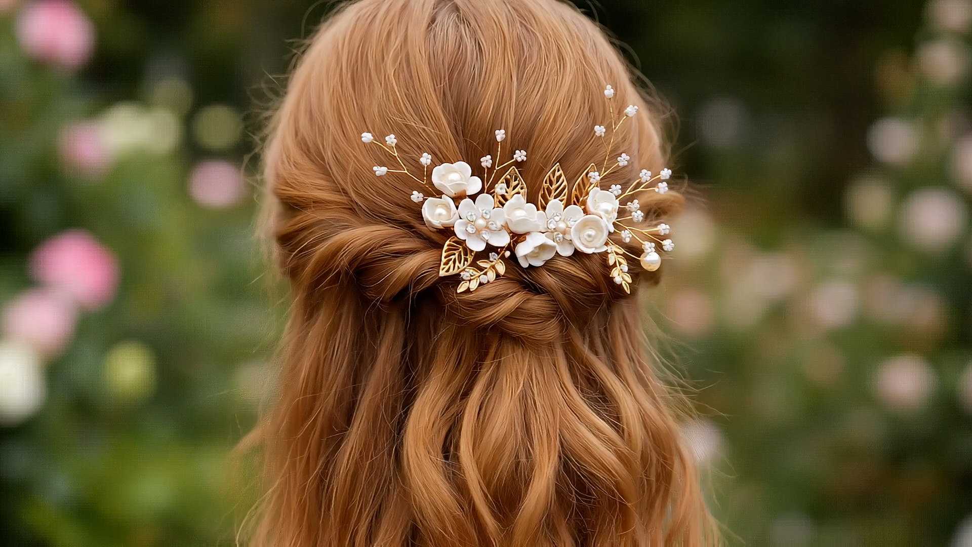 thumbnail video image 2 of MIALLO White Fabric Flower Hair Comb, Golden Leaf Boho Bridal Hairpiece with Faux Pearls for Wedding, 2 of 7