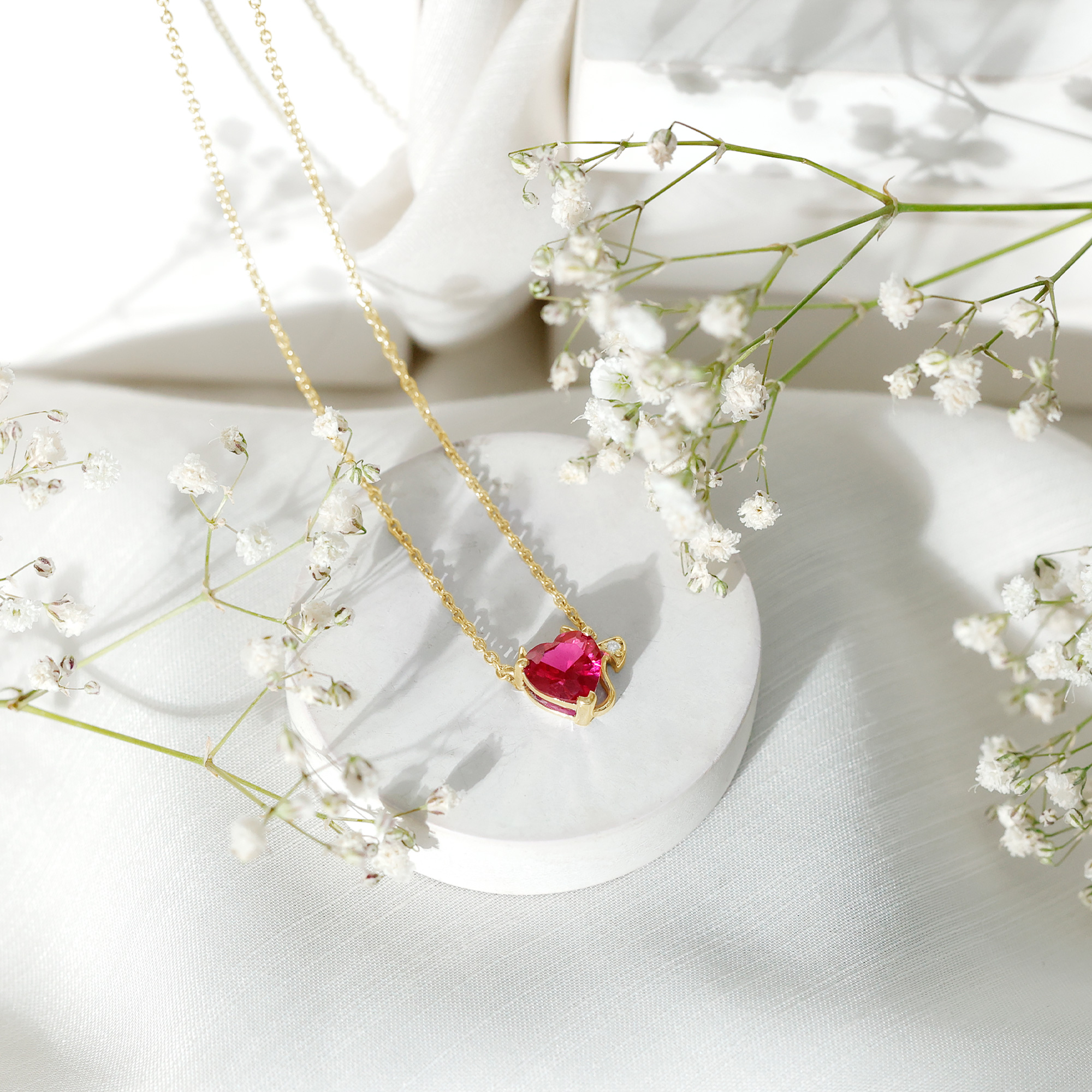 thumbnail video image 2 of Rosec Jewels Lab Grown Ruby Devil Heart Necklace with Moissanite for Women (8 mm, AAAA Quality), 10K White Gold, 2 of 7