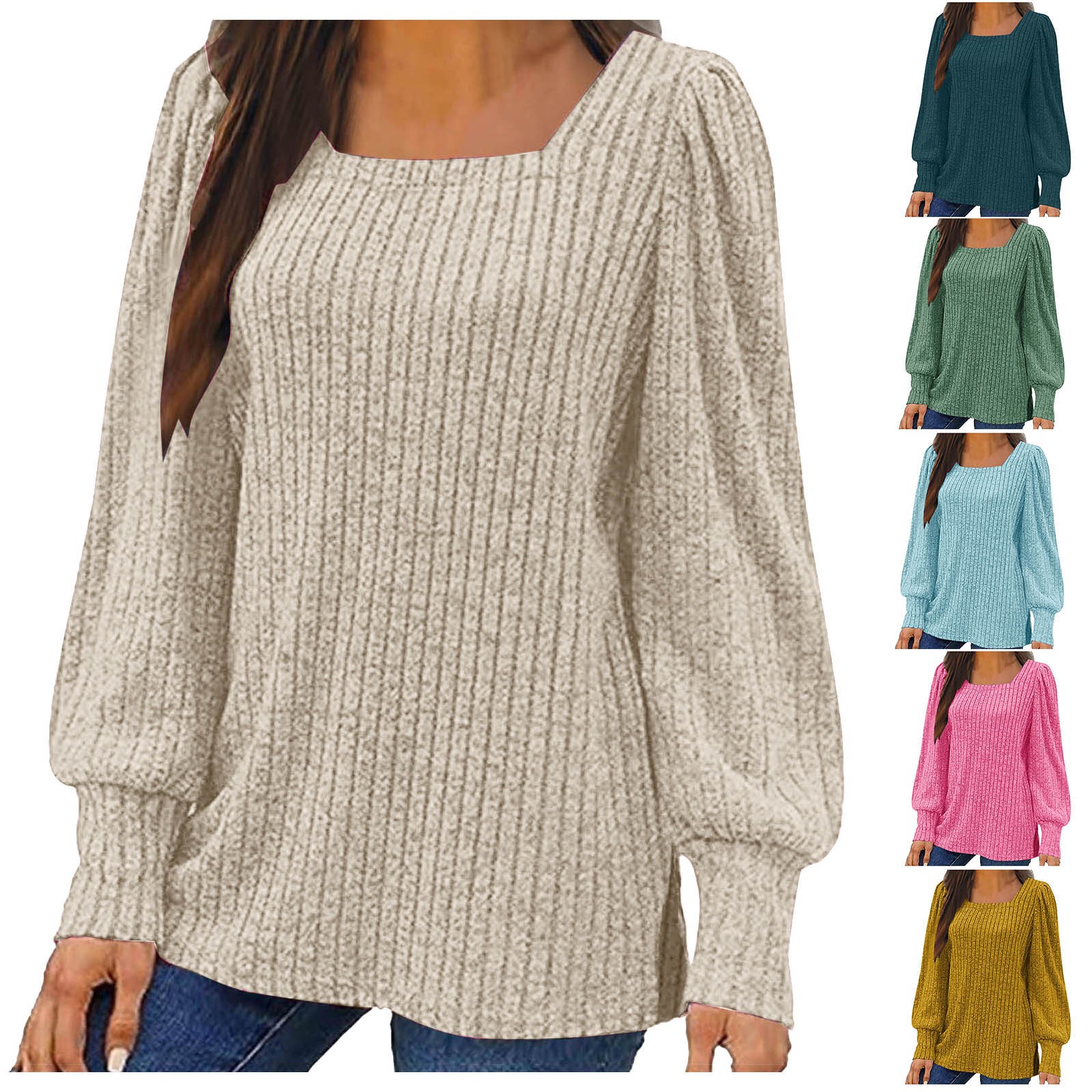 thumbnail video image 2 of WREESH Women's Ribbed Knit Sweater Solid Color Square Neck Puff Long Sleeve Pullover Blouses Spring Casual Tunic Tops Blue, 2 of 7