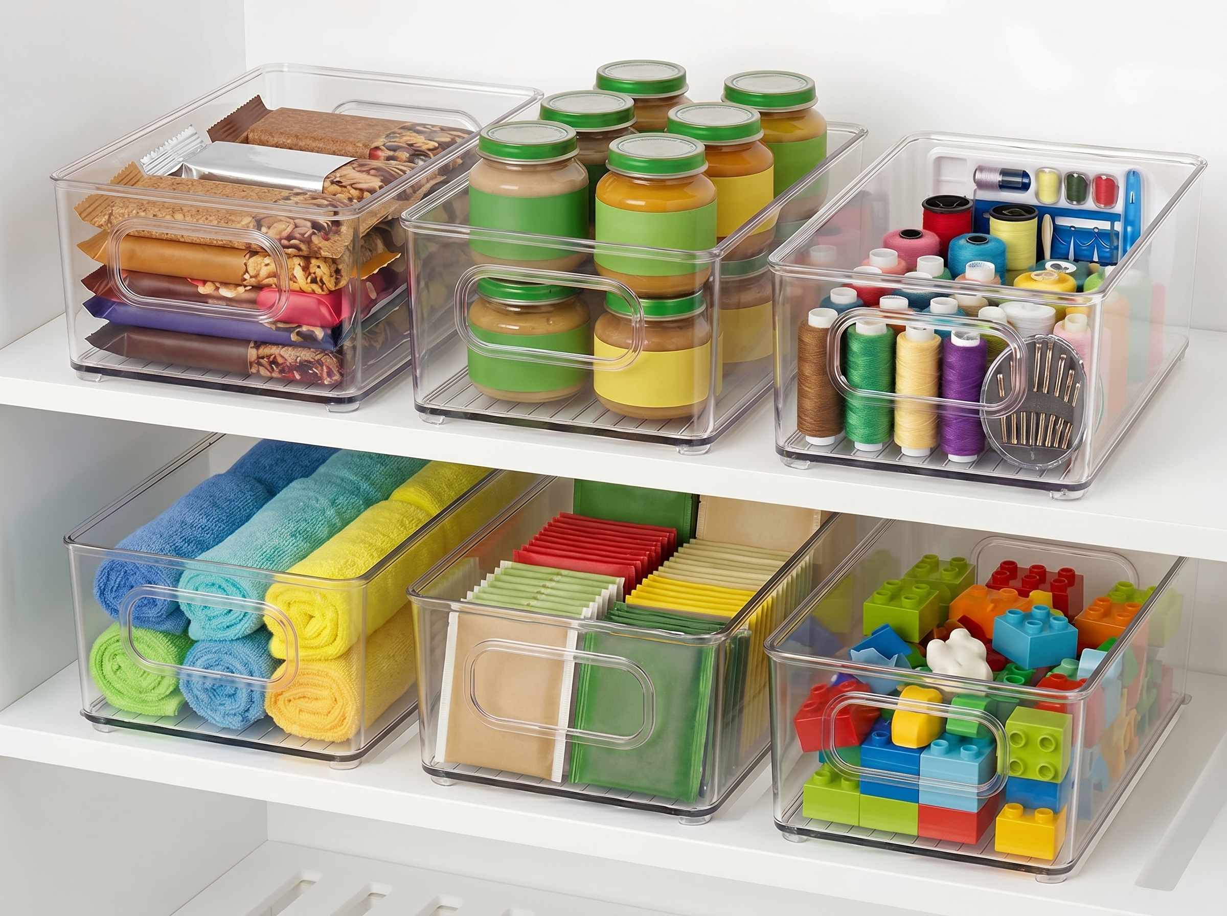 thumbnail video image 2 of Pantry Organizers and Storage, Clear Plastic Storage Bins with Handles, Stackable Clear Organizer Bins for Pantry, Fridge Organizer Bins, Refrigerator Storage and Freezer Organizer Bins, Set of 6, 2 of 9