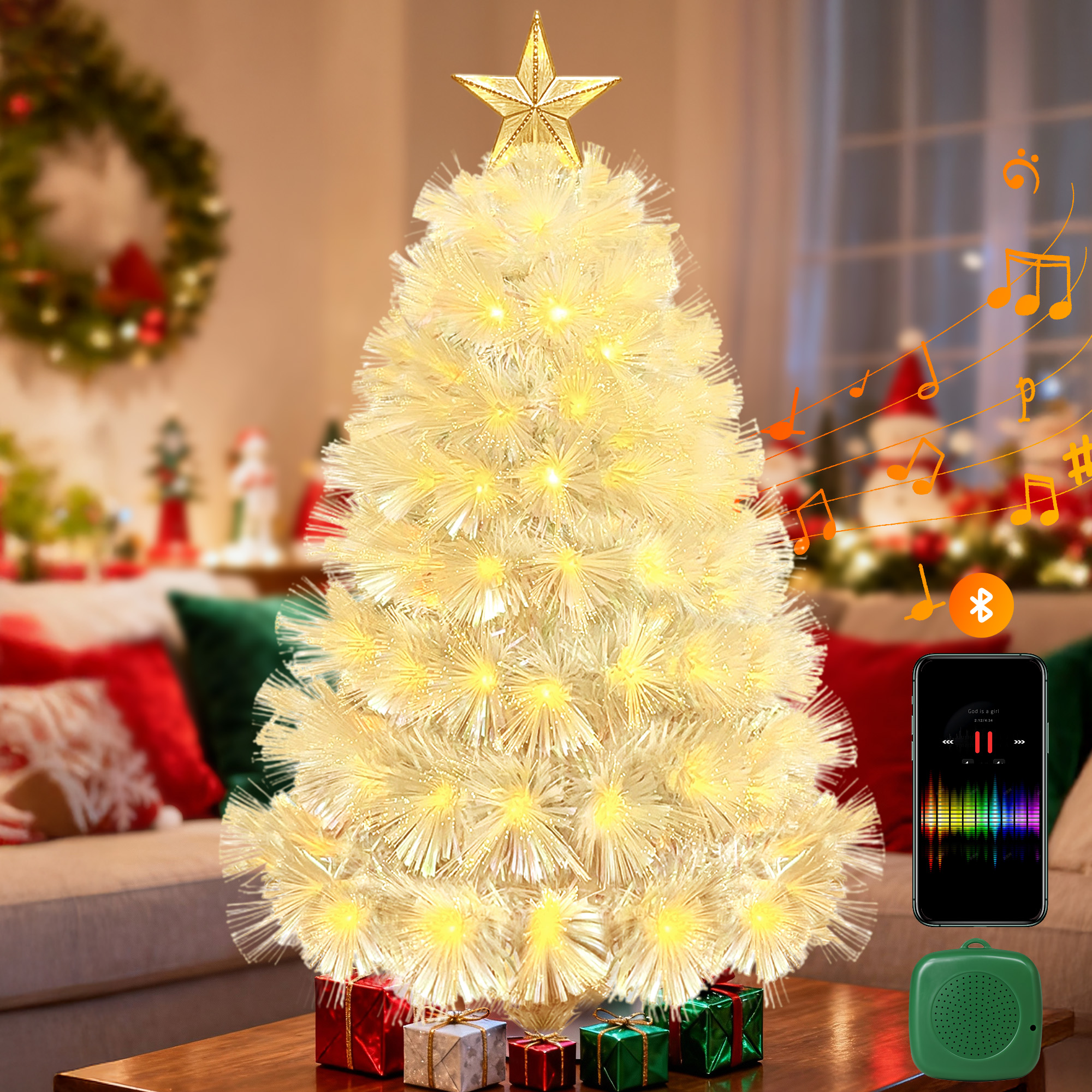 thumbnail video image 2 of GVDV 3ft Pre-Lit Christmas Tree, Artificial Christmas Tree with Bluetooth Speaker, 11 Modes LED Lights & Top Star, Holiday Home Xmas Decoration, 2 of 10