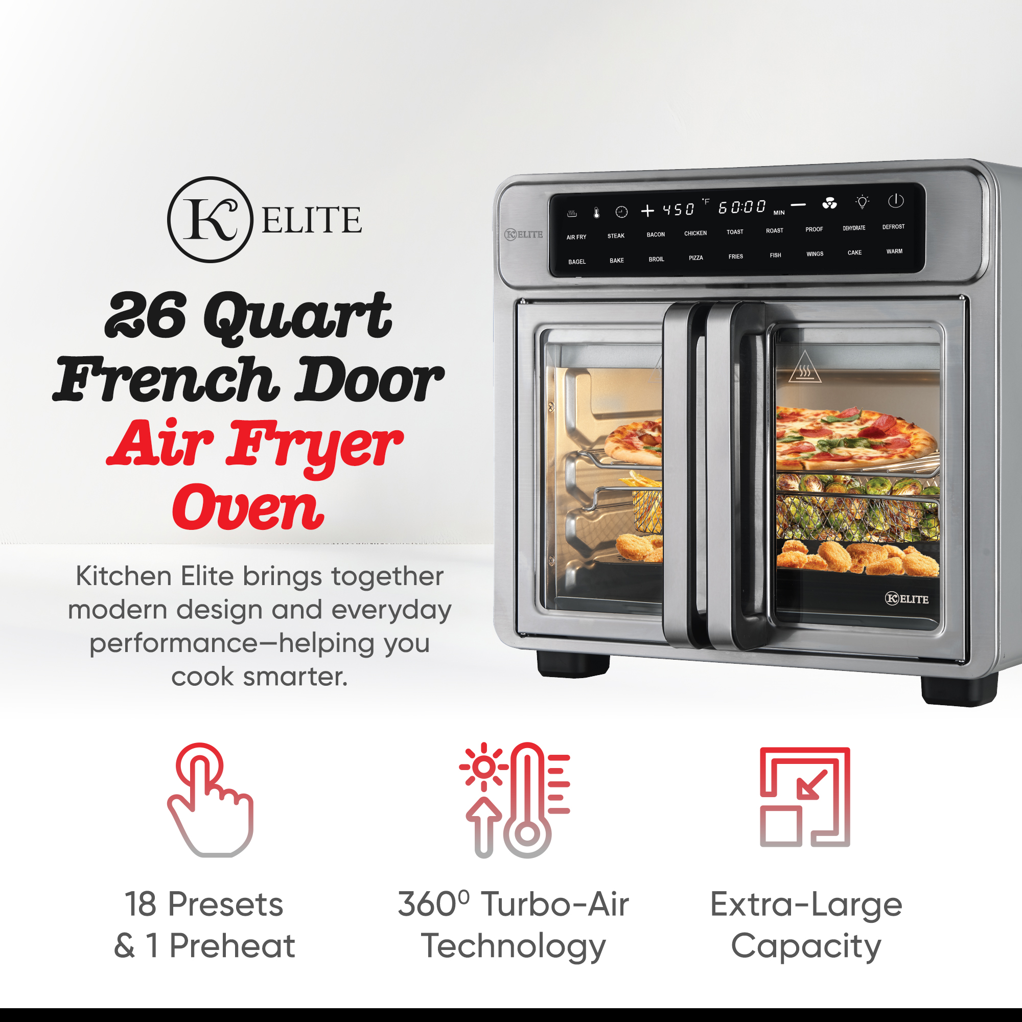 thumbnail video image 2 of Kitchen Elite 26 Qt French Door Air Fryer Oven, Countertop Cooker with LED Display, 2 of 9