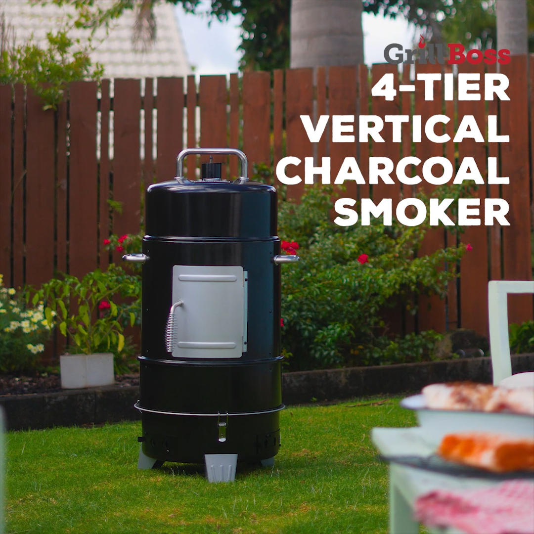 thumbnail video image 2 of Grill Boss Vertical Charcoal Smoker, 4 Tier, 564 Sq In Cooking Area, Black, 2 of 11