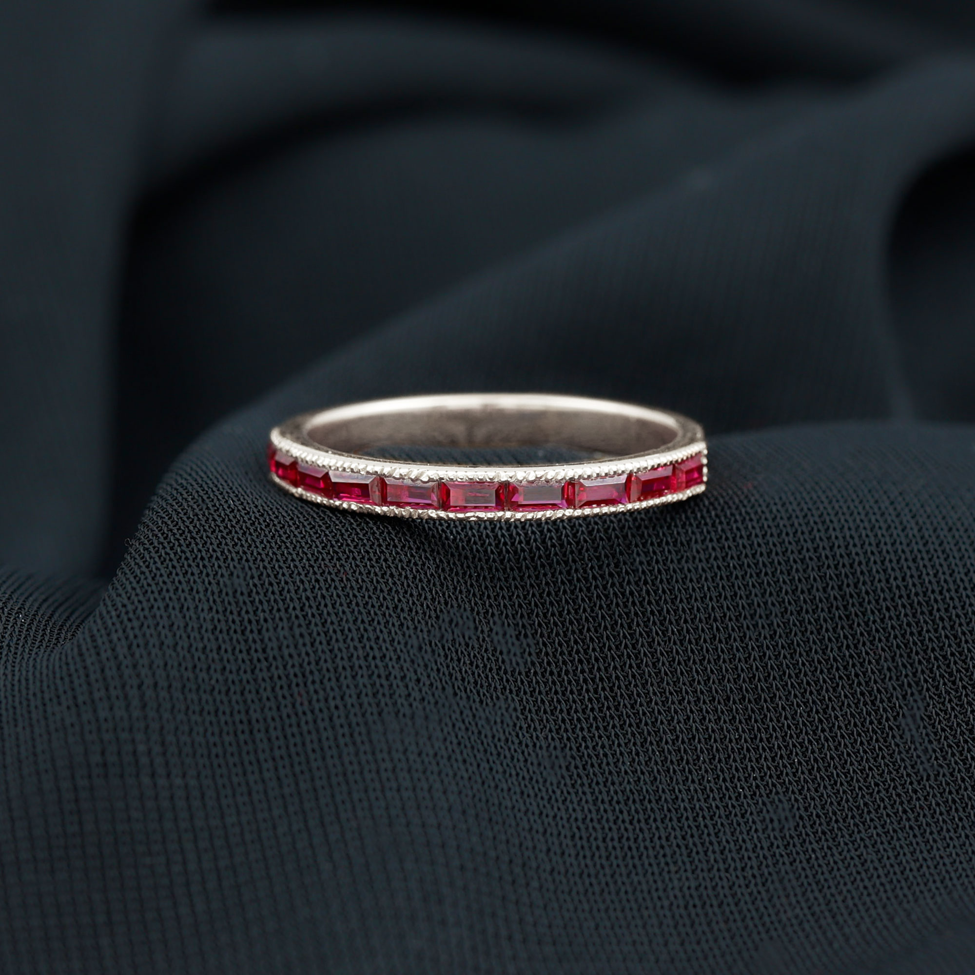 thumbnail video image 2 of Rosec Jewels 3/4 CT Baguette Cut Created Ruby Semi Eternity Ring with Milgrain Details, East West Band Ring for Women, 10K Yellow Gold, US 8.50, 2 of 7