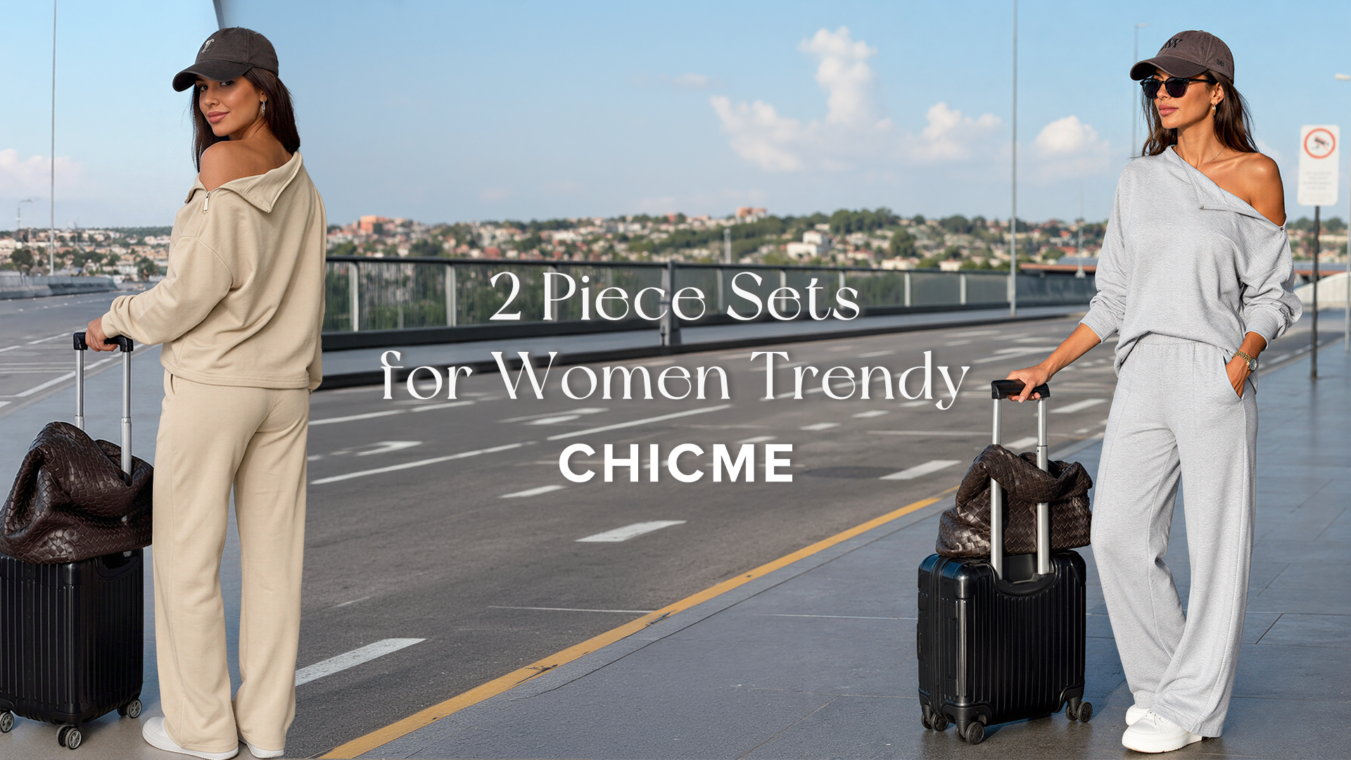 thumbnail video image 2 of ChicMe Two Piece Sets for Women Side Zip Lounge Outfit Solid Color Off the Shoulder Long Sleeve Pullover Tops with Wide Leg Pants Set Tracksuit Black-XL, 2 of 9