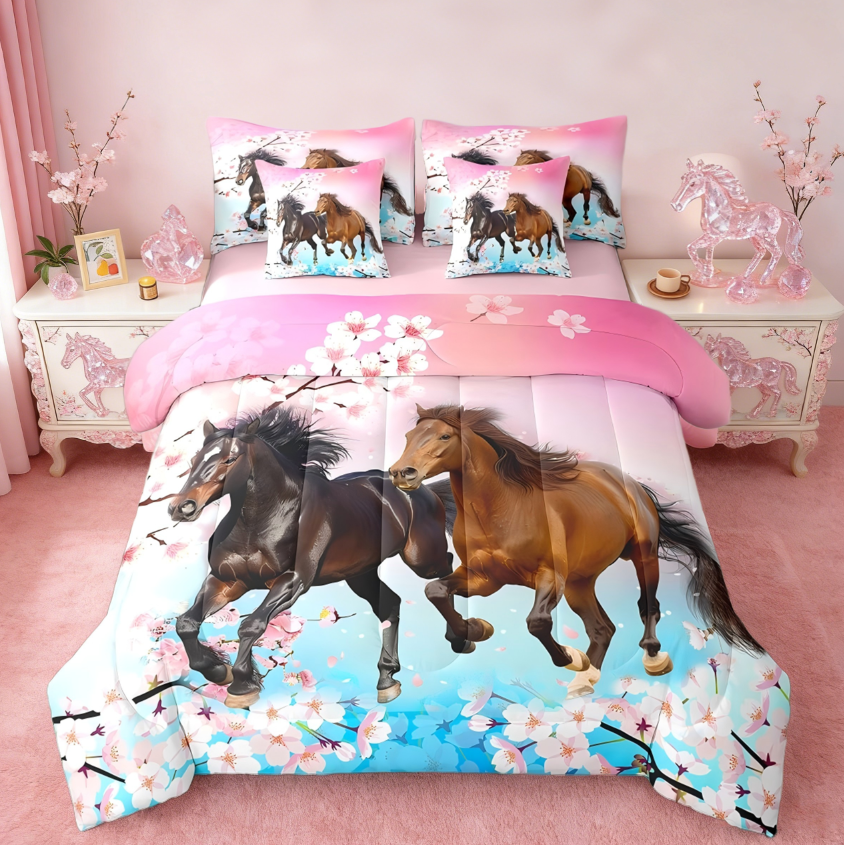 thumbnail video image 2 of Manfei Girls West Horse 7pcs Bedding Comforter Set,Pink Cherry Blossom Farmhouse Western Queen Bedding Sets For Girl Women Reversible, 2 of 8