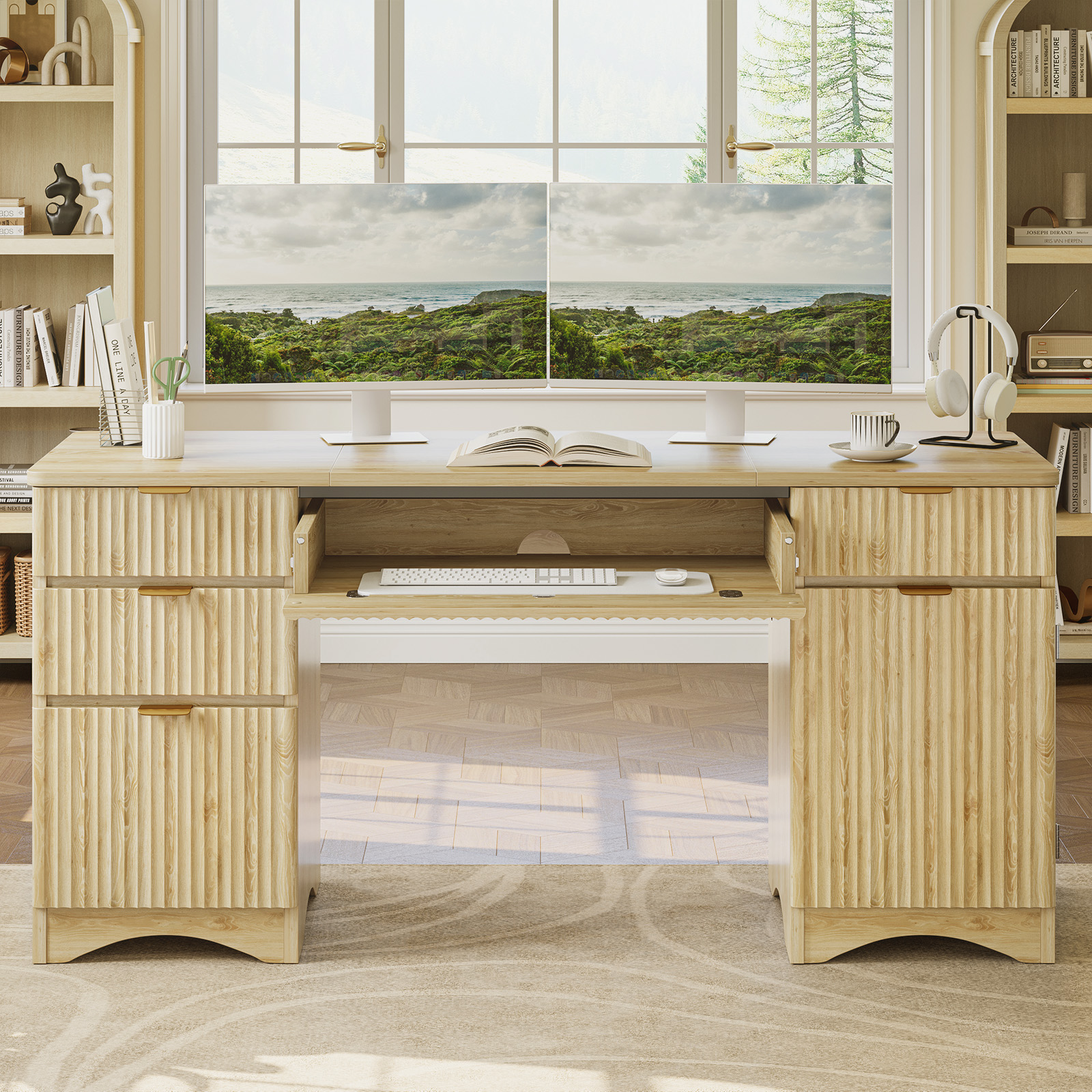 thumbnail video image 2 of Bestier 63" Executive Desk with Keyboard Tray, Modern Home Office Desk with 4 Drawers & 1 Large Cabinet, Fluted Computer Writing Desk for Study, Living Room, Bedroom, Oak, 2 of 10