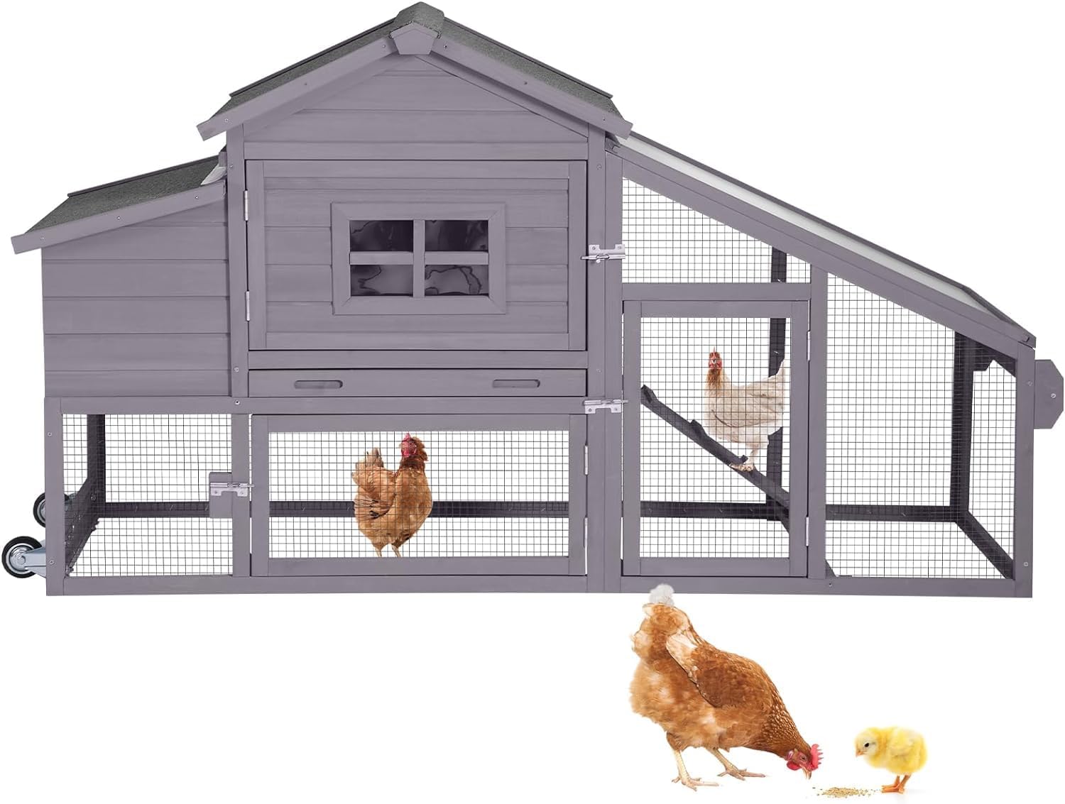 thumbnail video image 2 of Aivituvin Chicken Coop for 4 Chickens, Mobile Chicken House with with Wheels, Outdoor Hen House Poultry Cage with Nesting Box, Leakproof Pull Out Tray and UV-Resistant Roof, 2 of 13