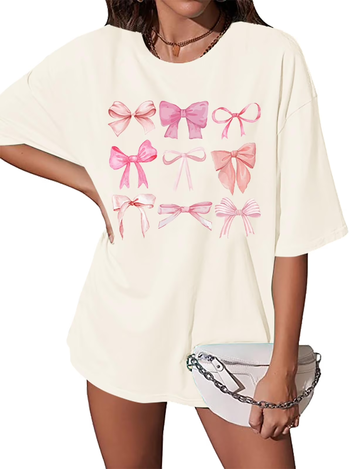 thumbnail video image 2 of KimSoong Womens Bow Shirt Coquette Aesthetic T-Shirt Trendy Pink Bow Girly Tee Watercolor Pastel Bow Oversized Tops, 2 of 7