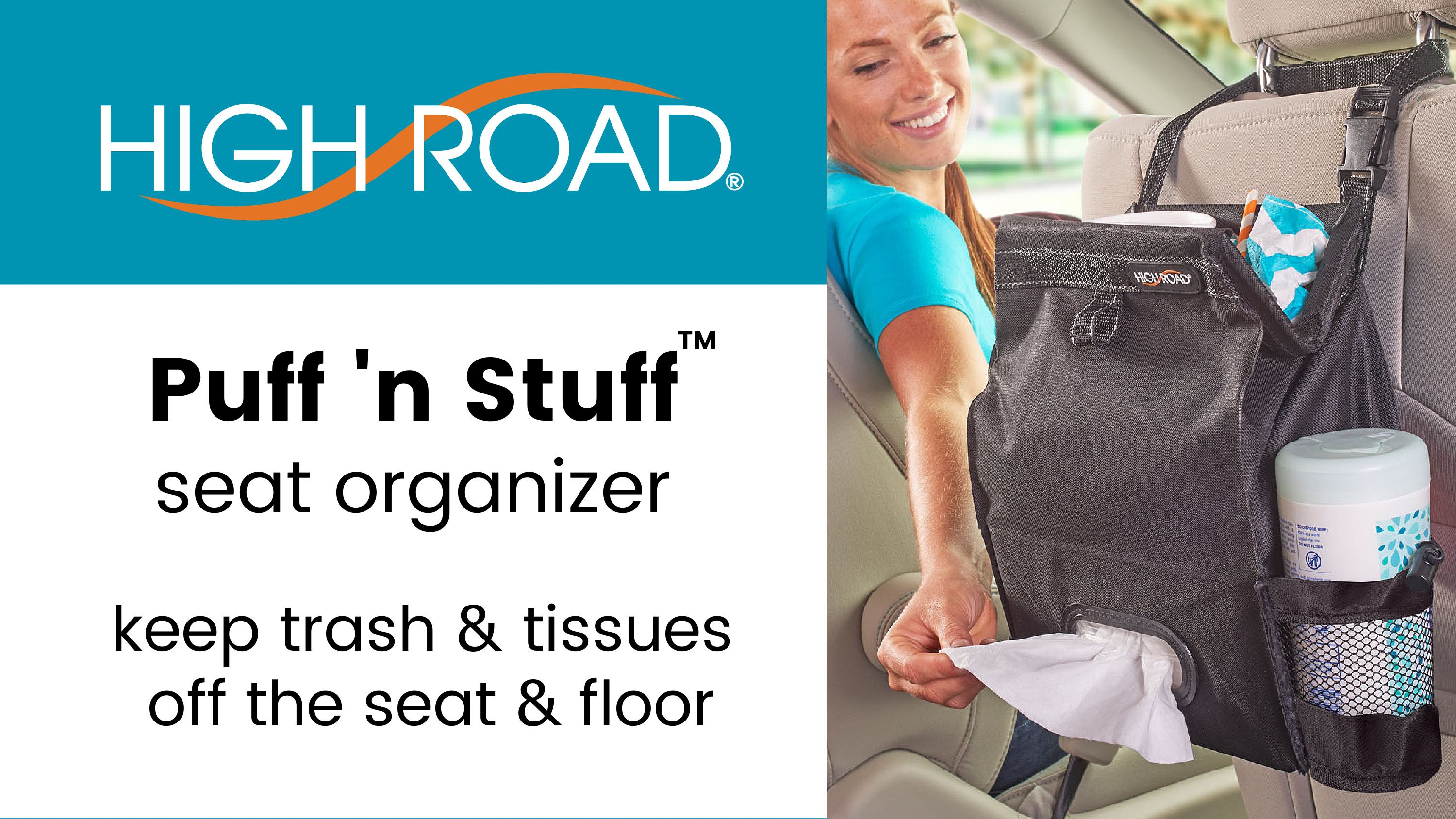 thumbnail video image 2 of (2 pack) High Road Car Seat Back Organizer with Trash Bag, Tissue Holder and Side Pockets, 2 of 8