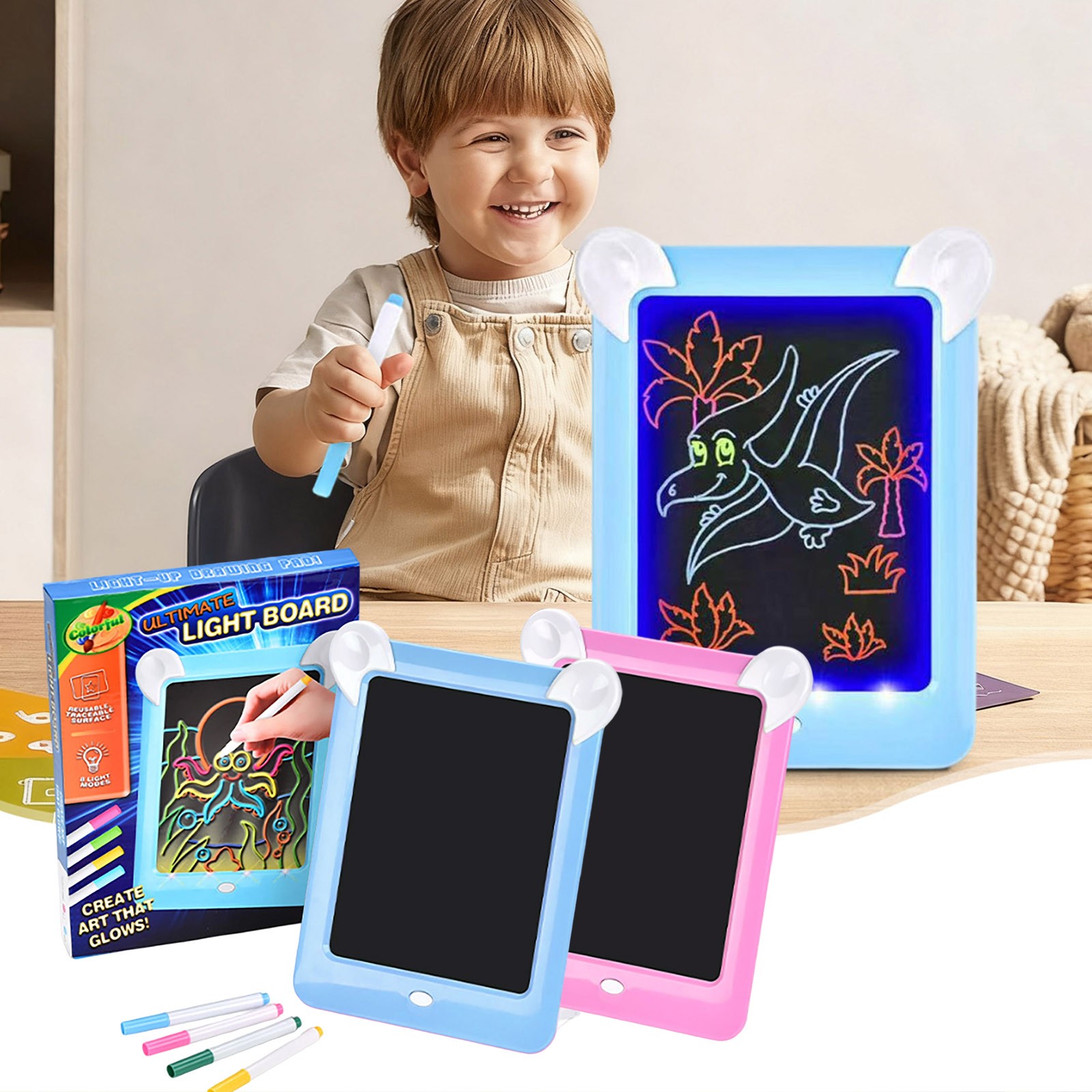 thumbnail video image 2 of LED Light Up Drawing Tablet for Kids,Colorful Electronic Drawing Pad for Kids,Educational kids Toys, Kids Tablet-Christmas Gifts for Grandkids Boys Girls-Art Supplies(Bear Ears,Blue), 2 of 10