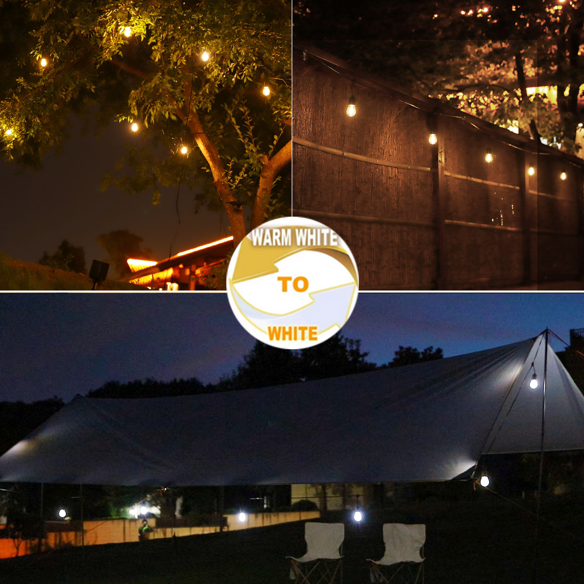 thumbnail video image 2 of Solar Powered LED Ourdoor String Lights Warm White to Day White Color Changing 56FT Waterproof for Garden Patio Backyard Bistro Patry, 2 of 7