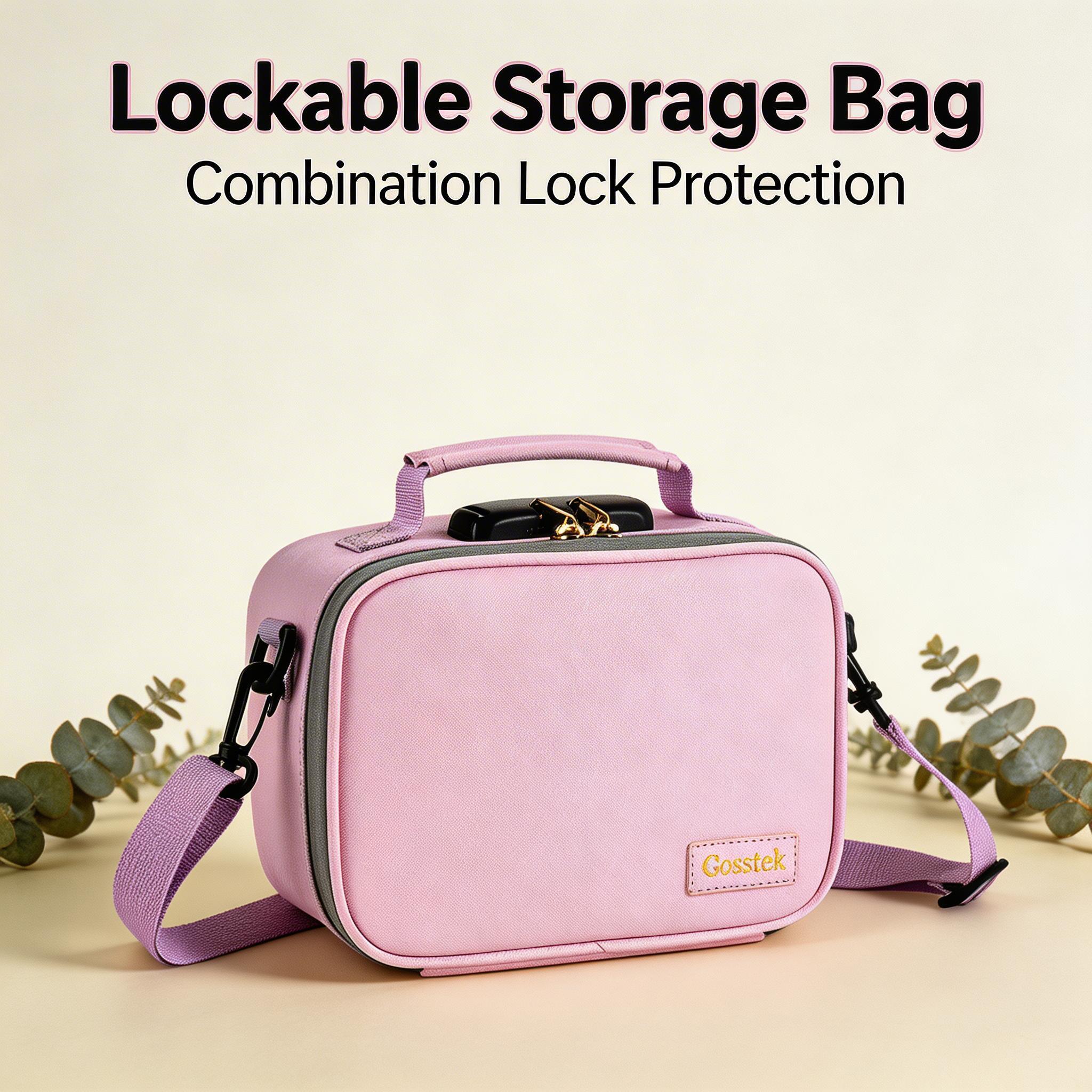 thumbnail video image 2 of PU Leather Smell Proof Bag with Combination Lock, Childproof Smell Proof case with Shoulder Strap, Great Gift for Women. (Pink), 2 of 6