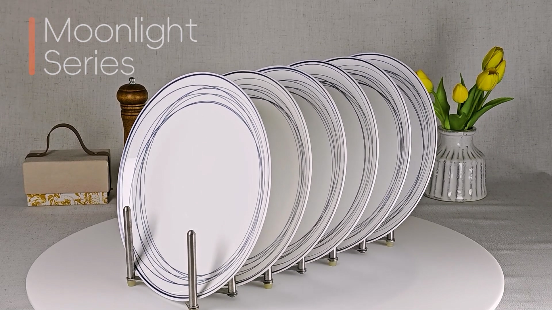 thumbnail video image 2 of LaGlint 10.5 inch Round Dinner Plate Set of 6, Glass Material, Lightweight, Dishwasher and Microwave Safe, White with Blue Circles, 2 of 8