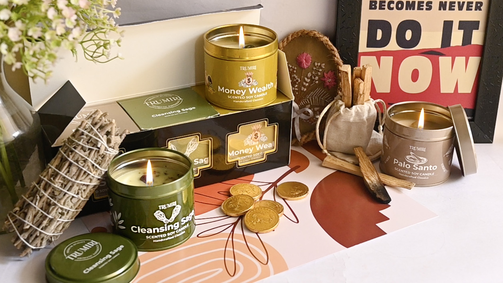 thumbnail video image 2 of Cleansing Sage, Palo Santo, Money Wealth - Soy Candles Non Toxic - Highly Scented Long Lasting with Essential Oils - Variety Pack of 3 x 5oz - for Home Aromatherapy Meditation Gift Travel, 2 of 9