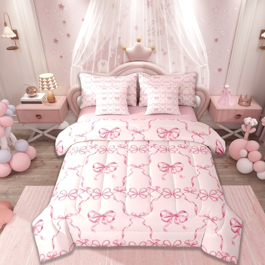thumbnail video image 2 of Manfei Girly Bowknot 7 Pieces Bedding Comforter Set,Ribbon Bow Kawaii Full Bedding Set For Kids Girls Women Reversible, 2 of 10