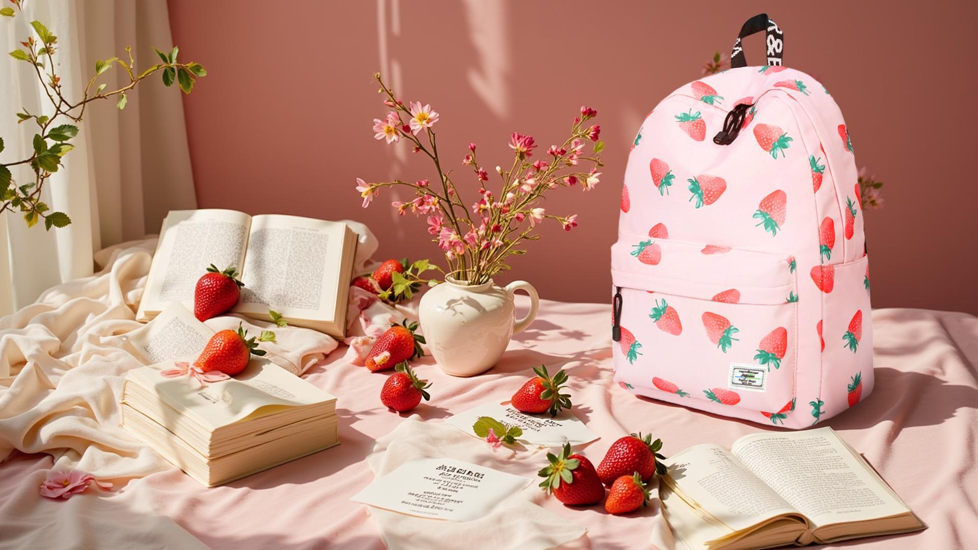 thumbnail video image 2 of Mygreen Kids Backpack for Girls, Waterproof Teens Bookbag Cute School Backpacks, Strawberry Pattern Pink, 2 of 10